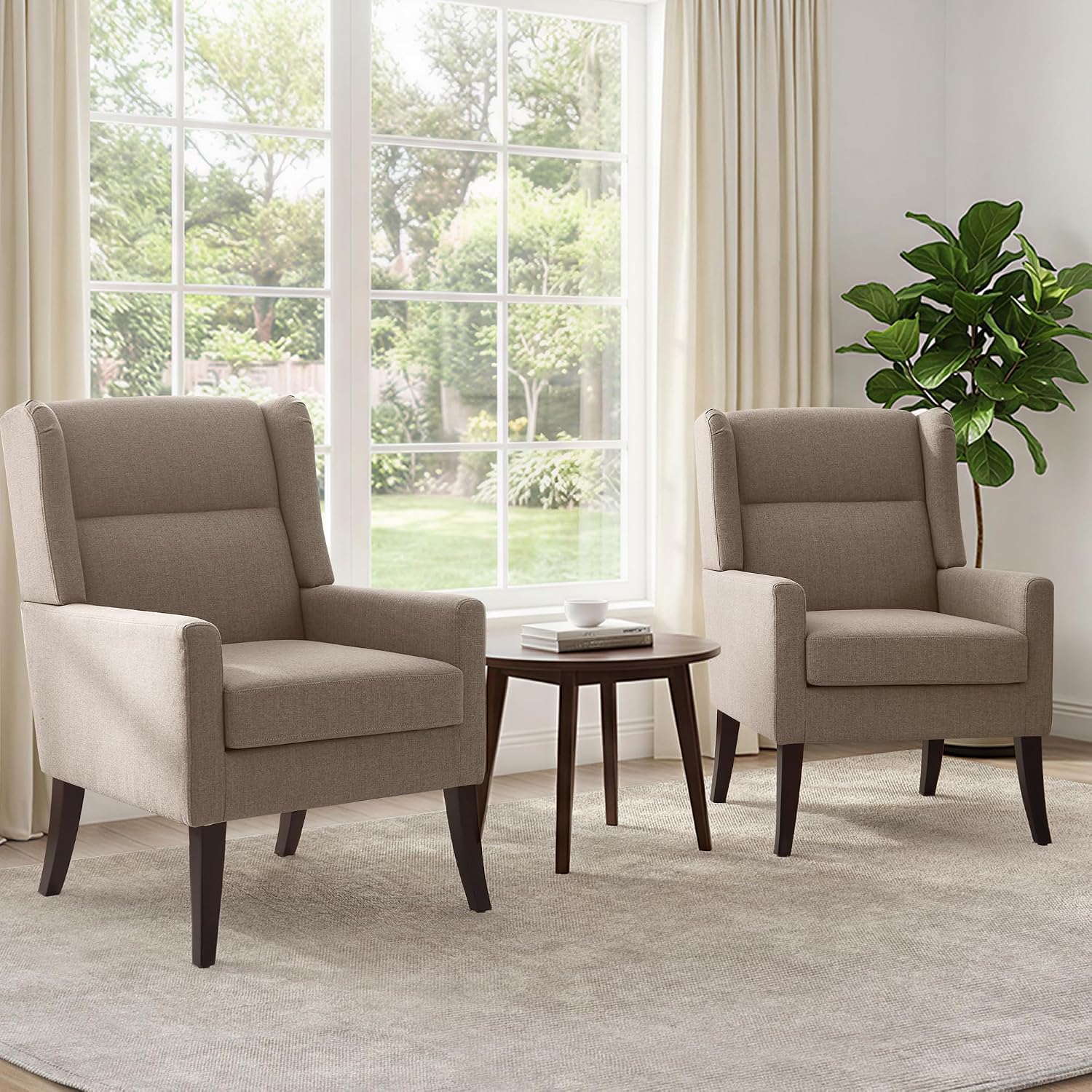 Zihanhome High Back Living Room Chairs, Fabric Accent Chair, Comfy Upholstered Armchair with Wooden Legs for Living Room, Bedroom, Apartment (2, Brown)