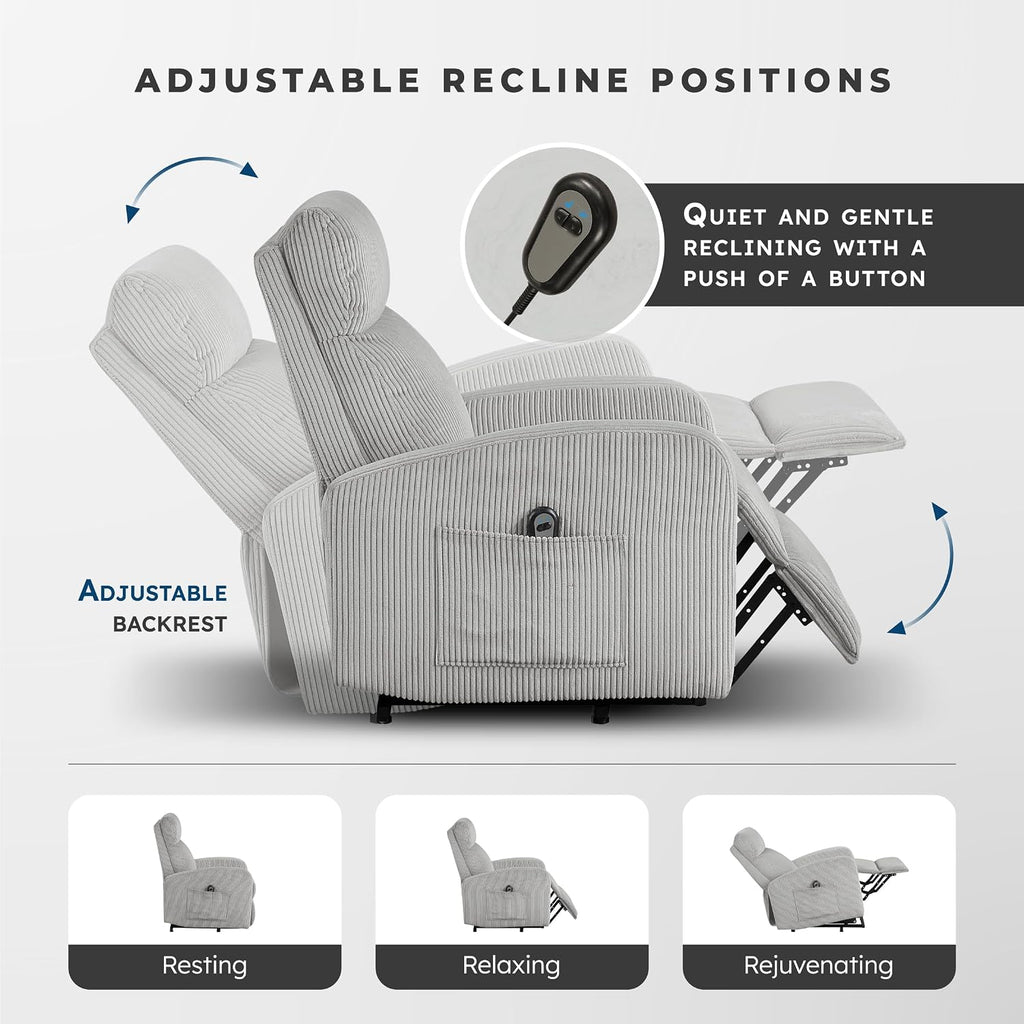 Lexicon Power Lift Recliner Chair for Elderly with Remote Control, Gentle Lift Motion, Side Pocket Armrest, Corduroy Upholstered Electric Recliner for Living Room/Bedroom, Easy Assembly, Light Gray