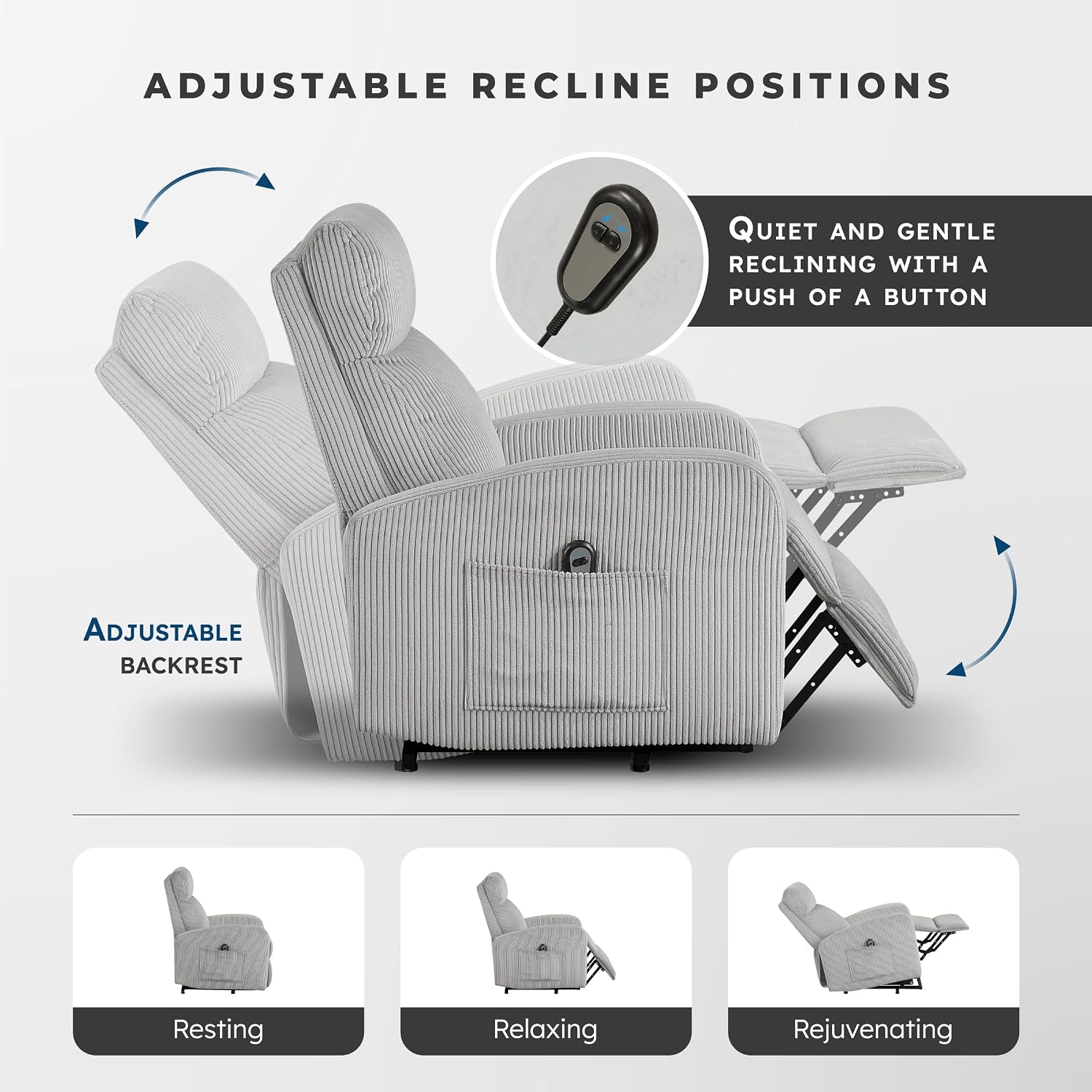 Lexicon Power Lift Recliner Chair for Elderly with Remote Control, Gentle Lift Motion, Side Pocket Armrest, Corduroy Upholstered Electric Recliner for Living Room/Bedroom, Easy Assembly, Light Gray