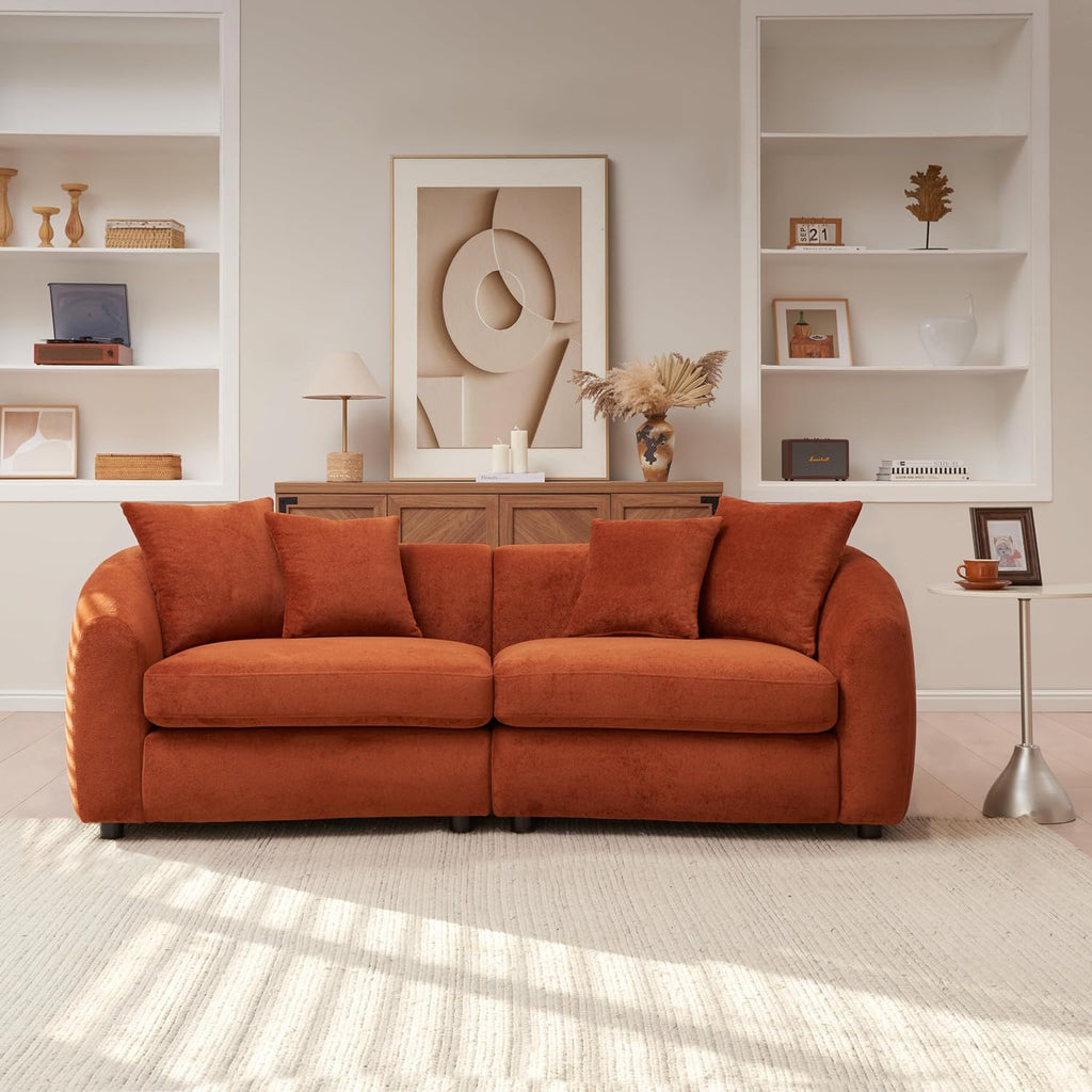 Christopher Knight Home Taliyah 87' Cozy Velvet Upholstered Lounge Sofa, 3-Seater Curved Home Sofa Living Room with 4 Pillows, Sturdy Wooden Frame Lounge Chair Indoor, Couch with Thick Cushion, Orange