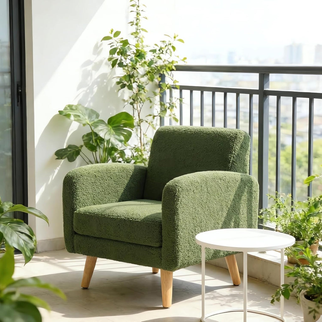 Accent Chairs for Living Room, Comfy Boucle Mid Century Modern Single Sofa Chair with Rubberwood Frame, Upholstered Reading Arm Chair for Bedroom, Club, Office Waiting Room (Green)