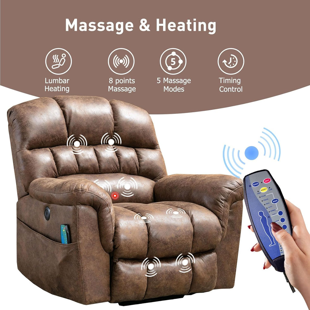 Bonzy Home Power Lift Chairs Recliner with Massage and Heating, Electric Recliner Chair with 24' Wide Seat for Big People, Full Padded Backrest, Waterproof Faux Leather, USB Charging Ports, Brown