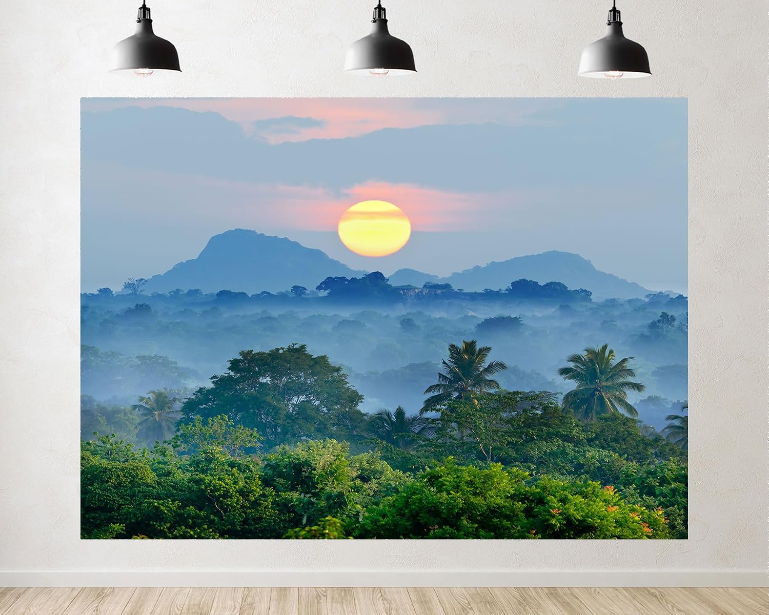 Trykid 20x10ft Golden Sunrise Misty Jungle Backdrop Tropical Palm Tree Horizon Photography Background Vacation Retreat Nature Camp Tapestry Party Decoration Photo Studio Prop Fabric