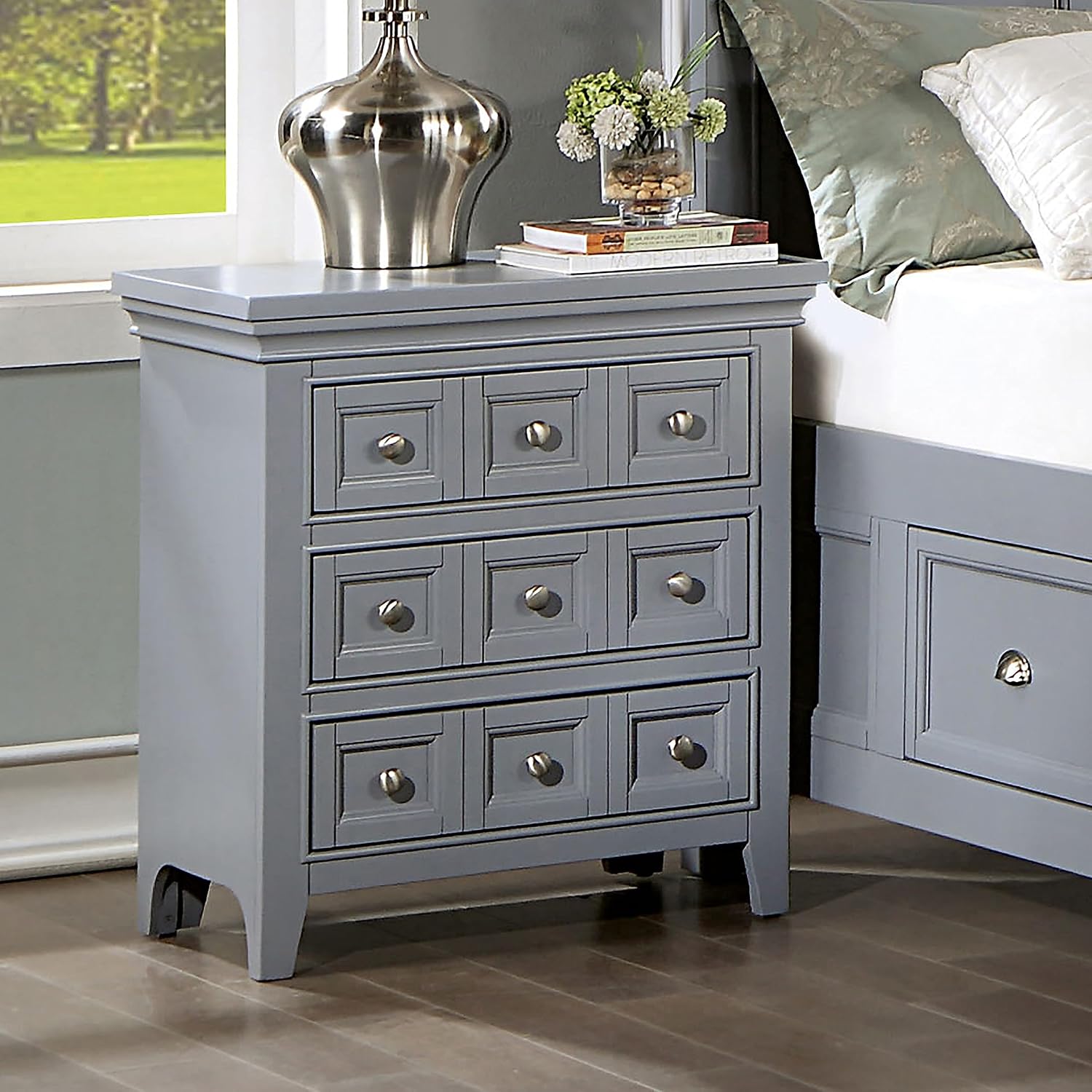 Furniture of America Era Transitional 3-Drawer and USB Port Solid Wood Nightstand, Bedside Table, Small Dresser for Bedroom, Living Room, Home Office, Gray with Care Kit