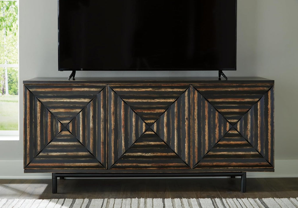 Signature Design by Ashley Fair Ridge Casual Square Patterned 3-Door Distressed Accent Cabinet with 3 Adjustable Shelves, Black & Dark Brown