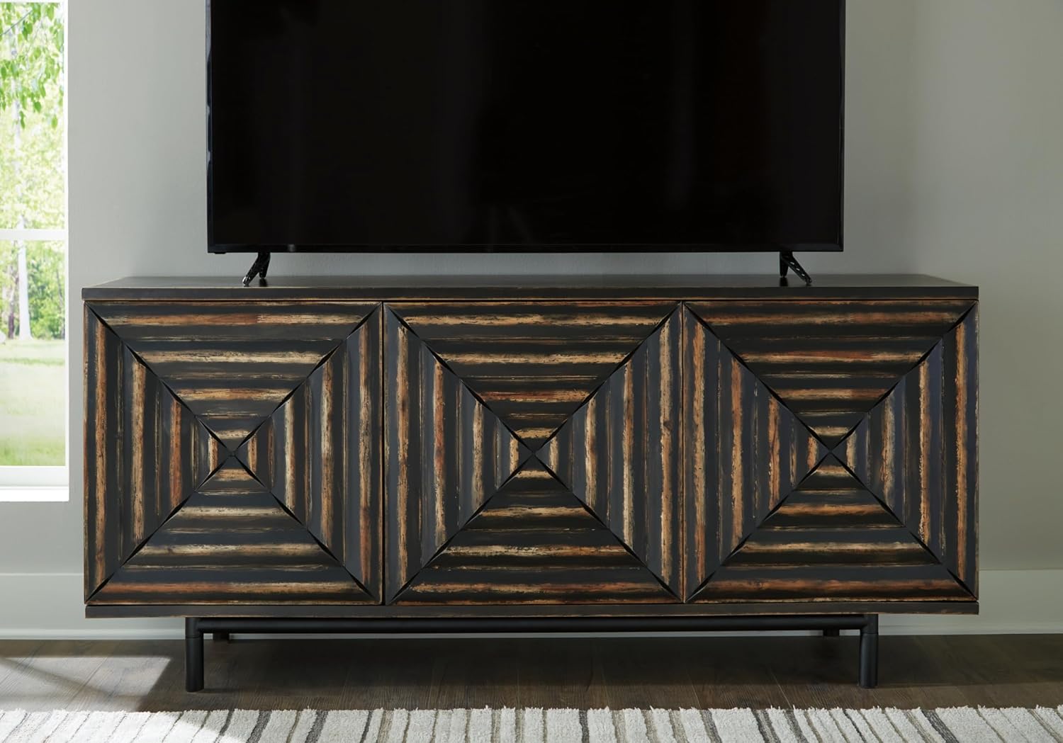 Signature Design by Ashley Fair Ridge Casual Square Patterned 3-Door Distressed Accent Cabinet with 3 Adjustable Shelves, Black & Dark Brown