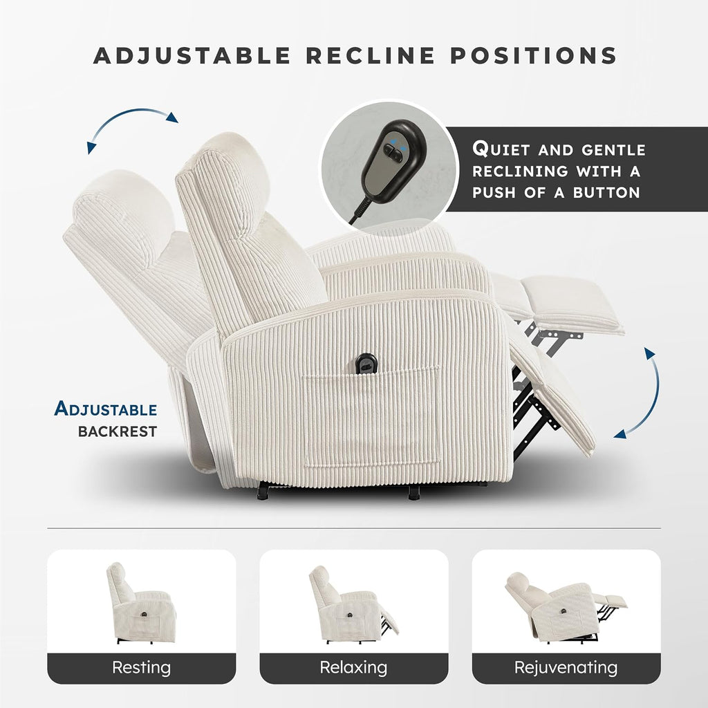 Lexicon Power Lift Recliner Chair for Elderly with Remote Control, Gentle Lift Motion, Side Pocket Armrest, Corduroy Upholstered Electric Recliner for Living Room/Bedroom, Easy Assembly, Beige