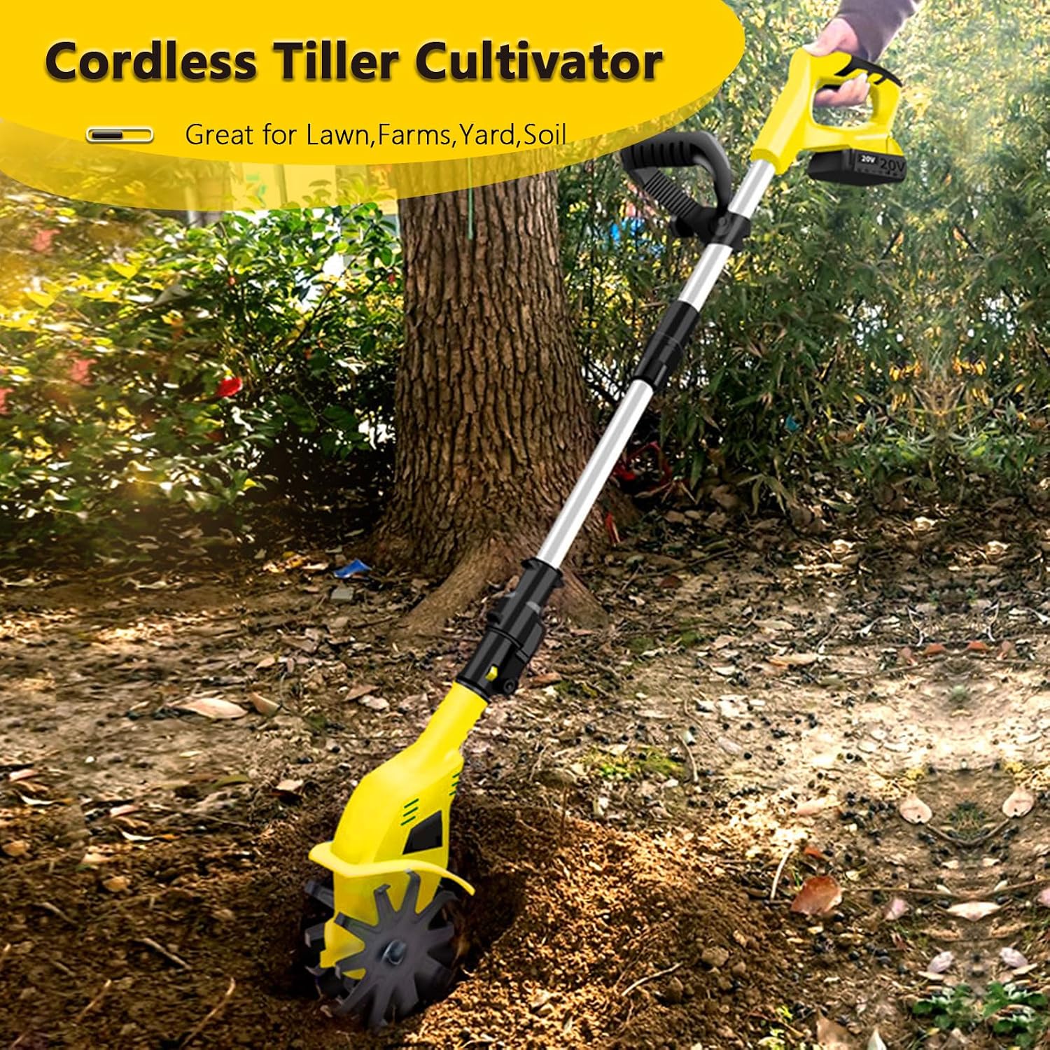 Electric Garden Tiller, Rototiller Tool with Aluminum Alloy Telescopic Rod, Ergonomic Handle, Electric Garden Rototiller for Garden Lawn Soil Digging, Included Battery