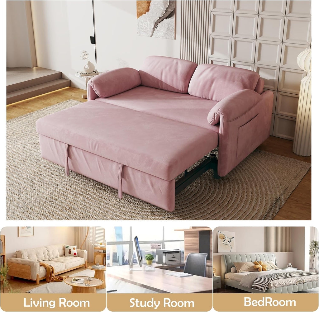KEIKI 3 in 1 Full Pull Out Sofa Bed with Adjustable Backrest & Side Storage Pockets, Velvet Recliner Lounge Sofa for Small Living Spaces, Pink