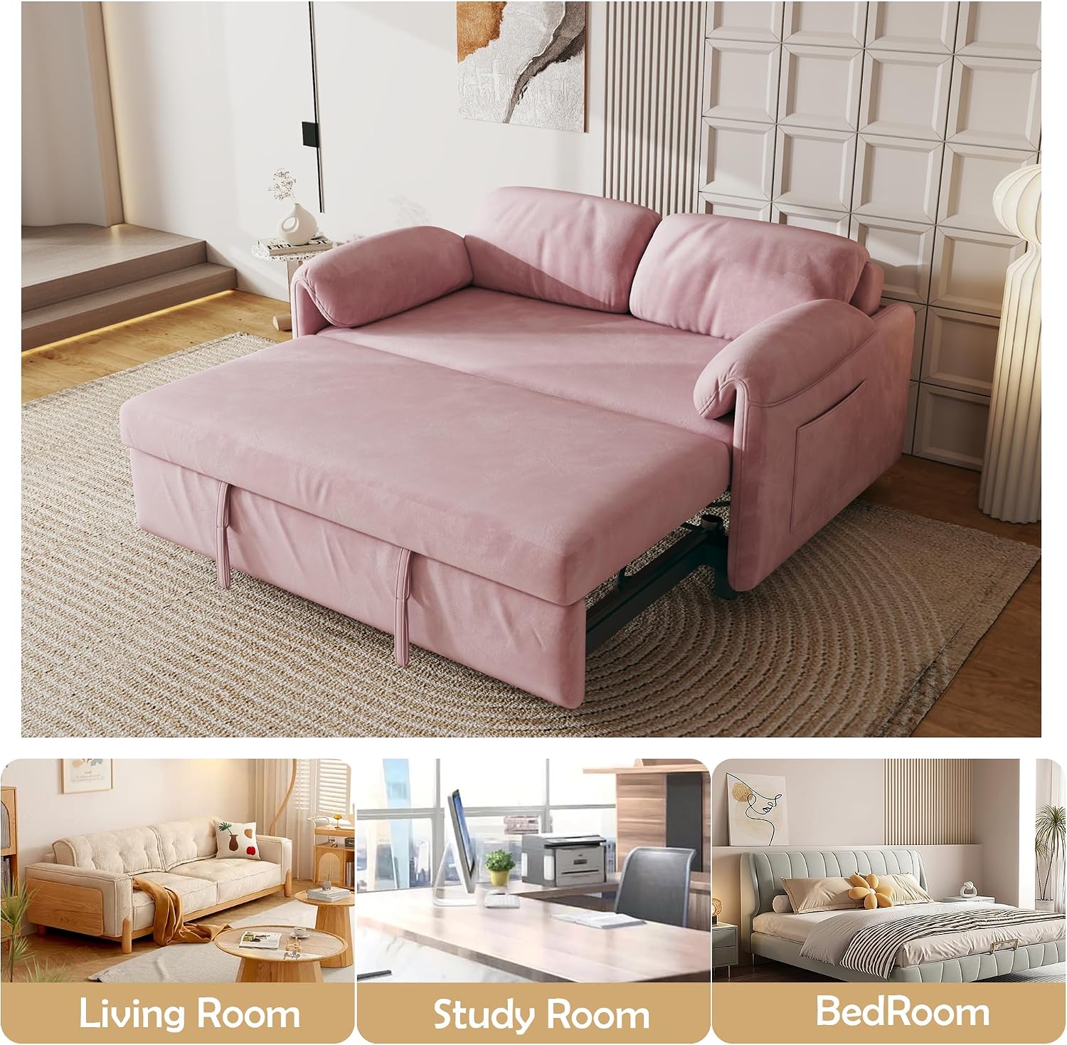 KEIKI 3 in 1 Full Pull Out Sofa Bed with Adjustable Backrest & Side Storage Pockets, Velvet Recliner Lounge Sofa for Small Living Spaces, Pink