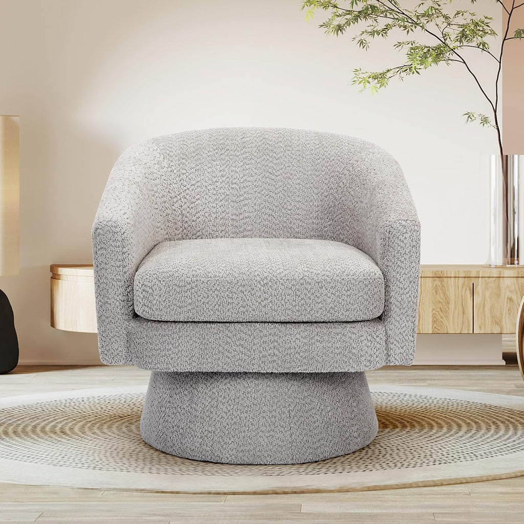 360° Swivel Barrel Accent Chair, Modern Chenille Upholstered Armchair with Curved Back, Soft Cushion & Arms, Wooden Frame, Storage Pocket, Comfy Reading Lounge Chair for Living Room, Bedroom, Office