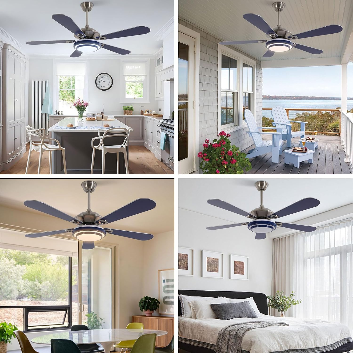 52' Ceiling Fans with Lights, Flush Mount Ceiling Fan Light with Remote Control, Reversible, Quiet, 6 Wind Speeds, Timing Function, for Bedroom Indoor/Outdoor Use, Blue