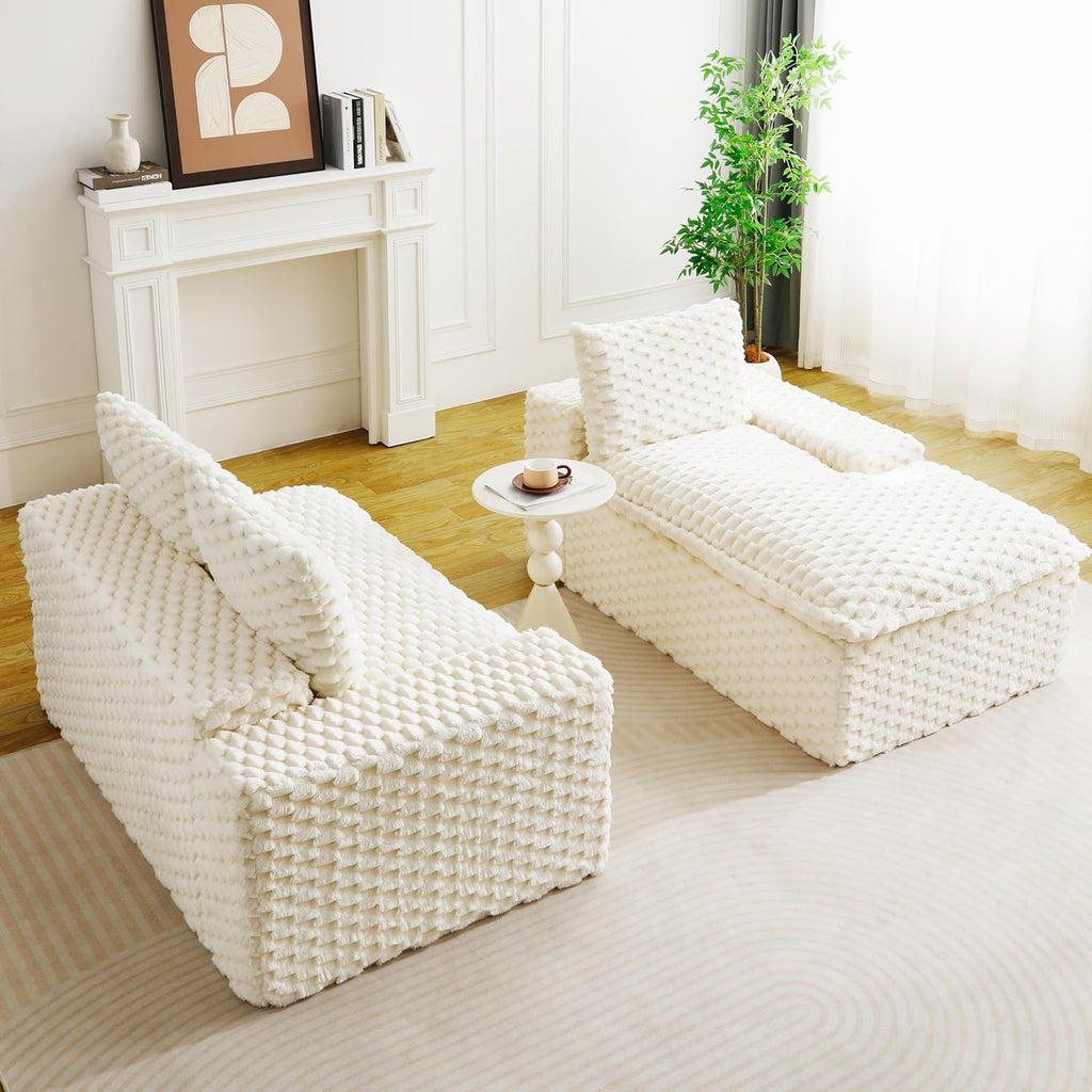 KEIKI 96' L-Shape Modular Boneless Couch with Chaise for Modern Home Bedroom Studio, Sectional Sofa Deep Seat Oversized Loveseat Convertible Bed for Apartment Furniture Lounge Relaxing Corner, White