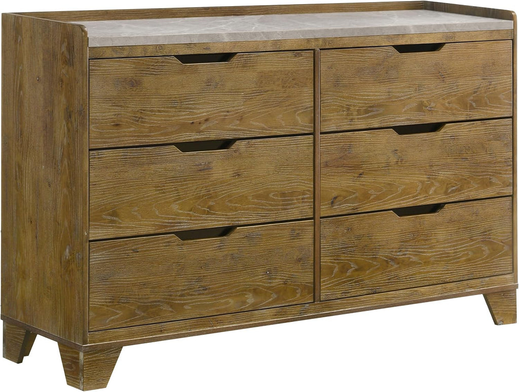 Coaster Home Furnishings - Henderson - Wood - 6-Drawer Dresser with Rustic Design, Faux Marble Top and Tip-Over Restraint - Bedroom - Medium Oak - 222973