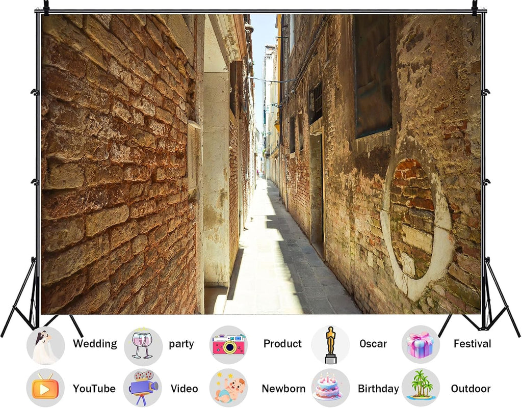 20X10ft Fabric Narrow Venice Brick Alley Backdrop Old Italian Passage Background European Travel Party Decorations Vintage Urban Theme Photo Studio Props Rustic Wall Hanging Tapestry