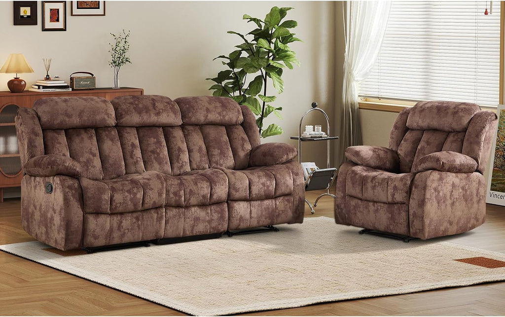 EBELLO Manual Reclining Sofa Set, Classic Recliner Sofa with Overstuffed Arms and Backrest, Include 1 Recliner Chair and 1 3-Seat Couch, Dark Brown