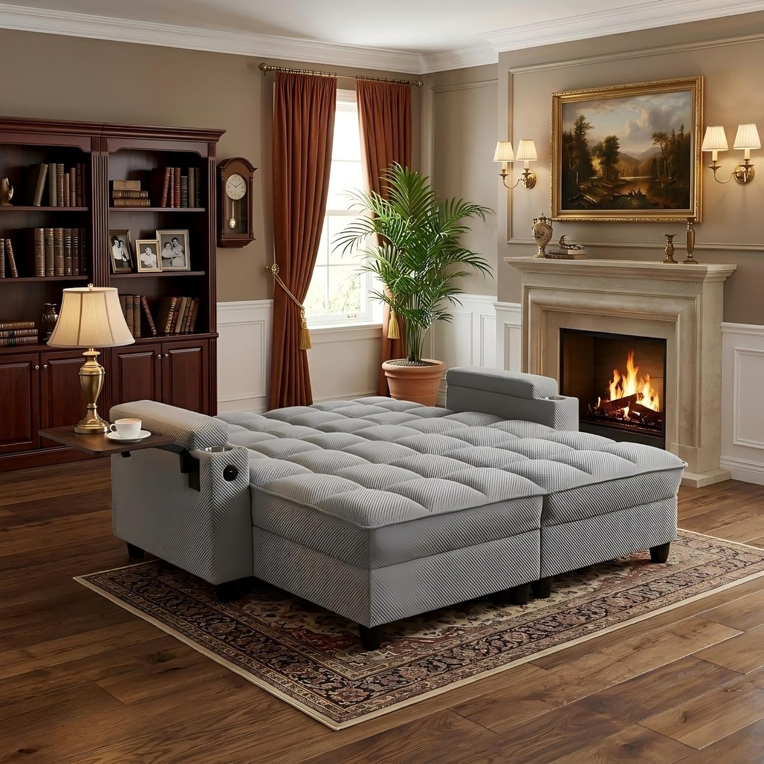 Eafurn Double Chaise Lounge Convertible Sleeper Chair Sofabed W/Storage and 6-Position Reclining Backrest, Modern Tufted Recliner Lounge Chaise Couch with Swivel Table & USB for Living Room