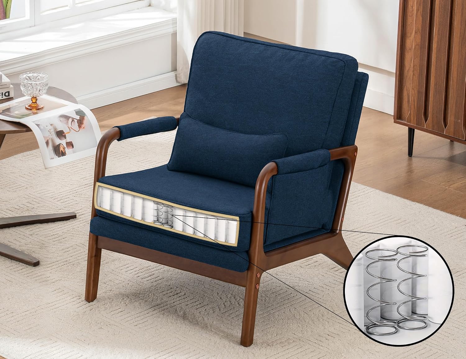 Mid Century Modern Chair Set of 2, Upholstered Lounge Arm Chair with Solid Wood Frame, Comfy Accent Chair for Living Room, Bedroom, Reading, Reception, Blue