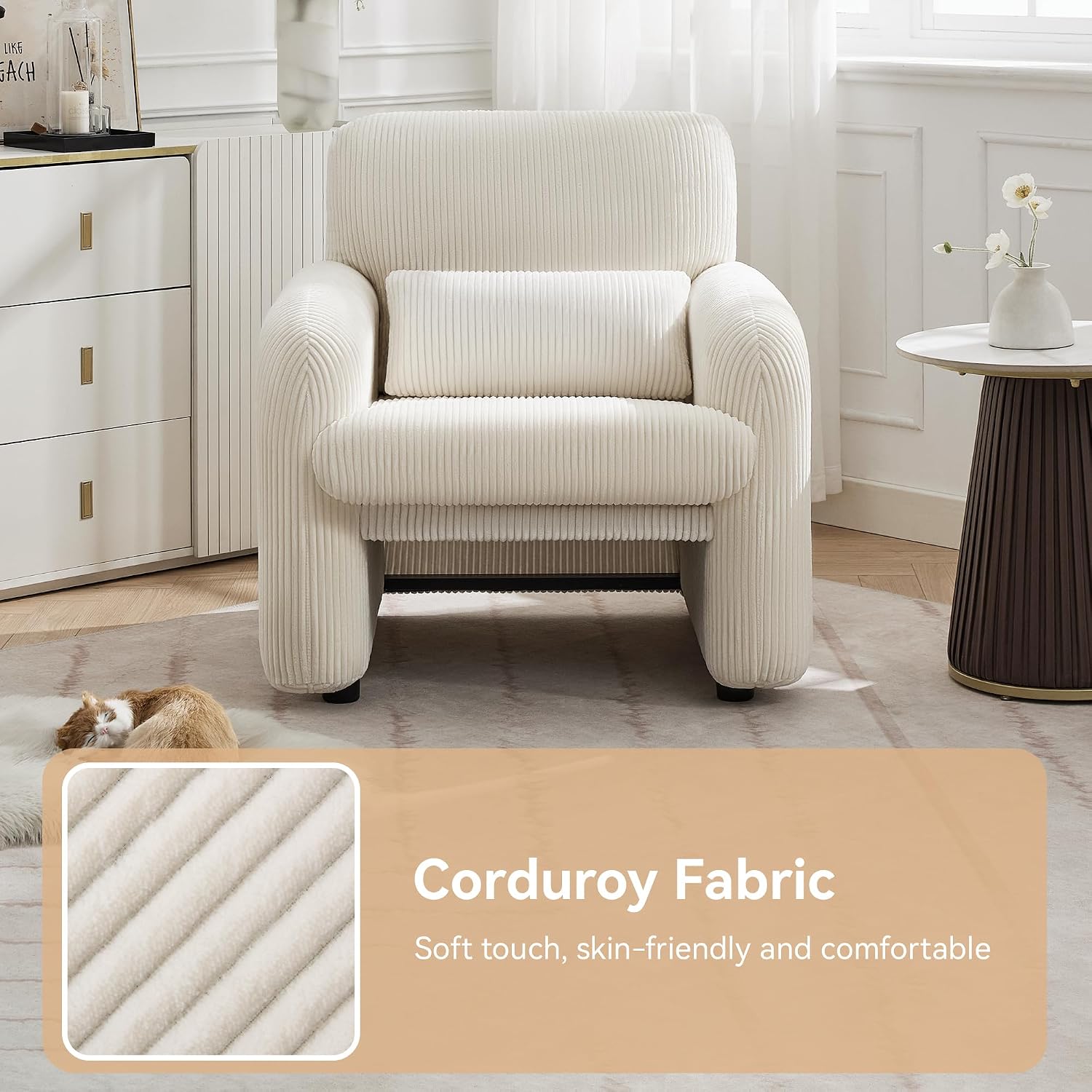 WUTUTUEE Corduroy Fabric Accent Chairs Set of 2, Modern Upholstered Living Room Chairs with Lumbar Pillow, Wide Comfy Leisure Armchair for Bedroom, Office, Reading, White