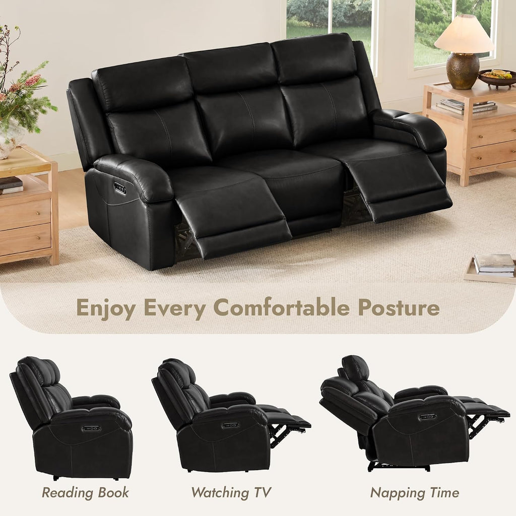 Watson & Whitely Genuine Leather Power Recliner Sofa, 3 Seater Wall Hugger Reclining Sofas with Power Headrest, USB & TypeC Ports, Electric Recliner Couch Set for Living Room, Black