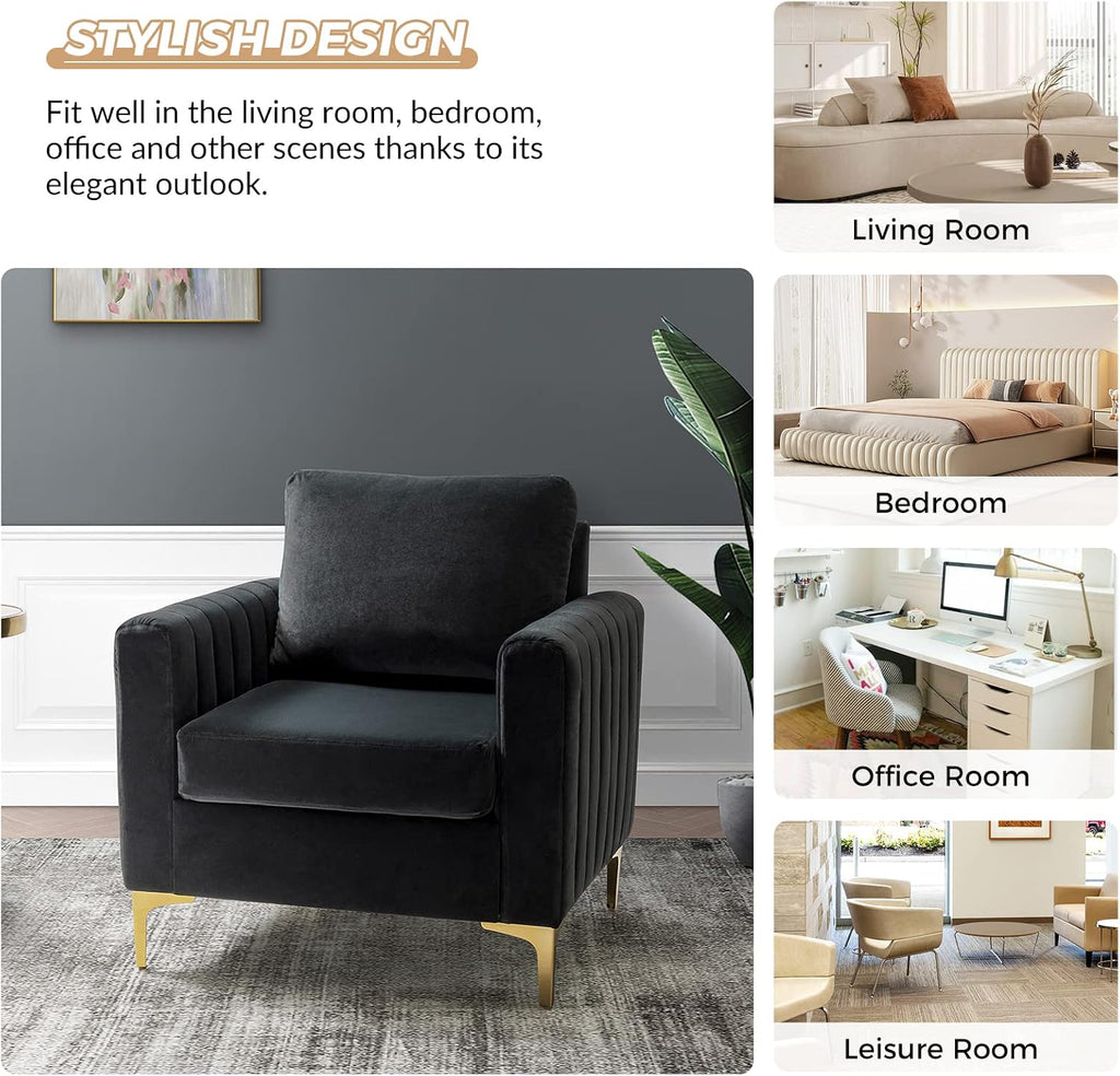 HULALA HOME Velvet Accent Club Chair, Modern Velvet Armchair Upholstered Accent Club Chair with Gold Metal Legs Mid-Century Barrel Leisure Comfy Reading Armchair, Black