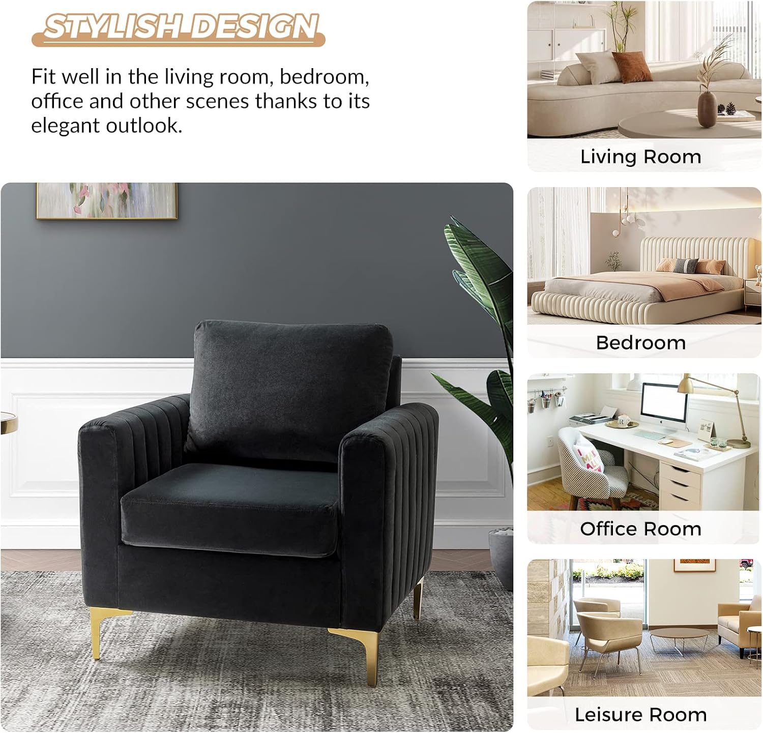 HULALA HOME Velvet Accent Club Chair, Modern Velvet Armchair Upholstered Accent Club Chair with Gold Metal Legs Mid-Century Barrel Leisure Comfy Reading Armchair, Black