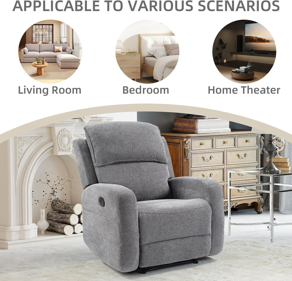 EBELLO Manual Living Room Furniture Reclining Couch Set, Soft Fabric Chair Recliner Sofa for Meeting Room, Overstuffed Backrest and Armrest, USB Charge Port (Recliner)