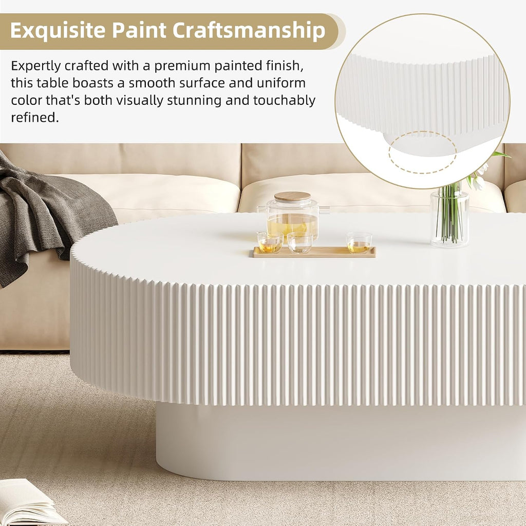 Merax Modern Large Oval Coffee Table with Sturdy Base, Wood Minimalist Fluted Center End Tables for Living Room Reception Room, Easy Assemble,White