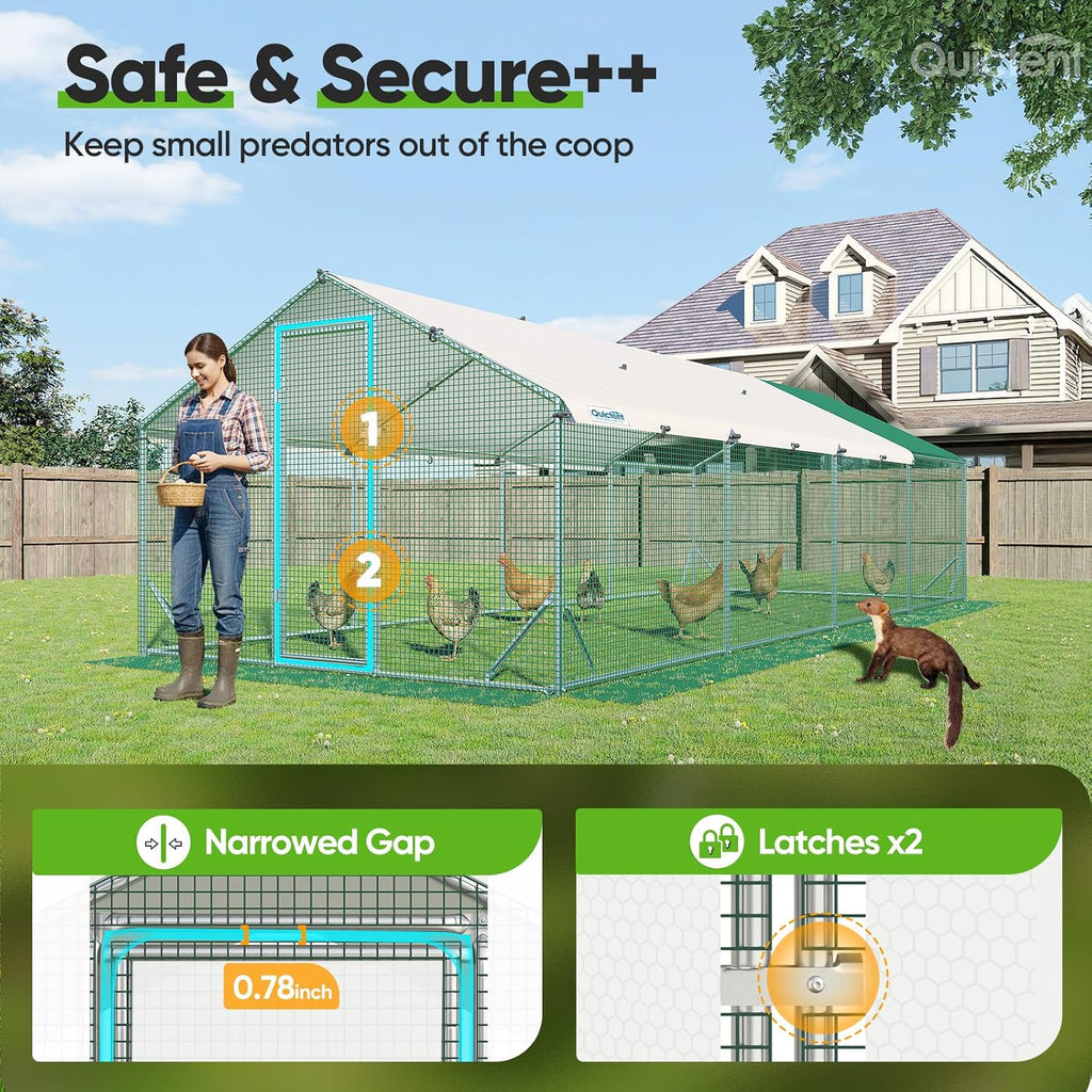 Quictent Large Metal Chicken Coop Run for 45+ Poultry with Side Hardware Cloth & Waterproof Cover, Advanced Series Outdoor Walk-in Cage Hen Duck Rabbit Dog Pen Yard Farm House, 24x9x6.6FT