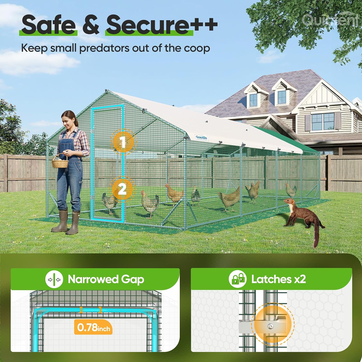 Quictent Large Metal Chicken Coop Run for 45+ Poultry with Side Hardware Cloth & Waterproof Cover, Advanced Series Outdoor Walk-in Cage Hen Duck Rabbit Dog Pen Yard Farm House, 24x9x6.6FT