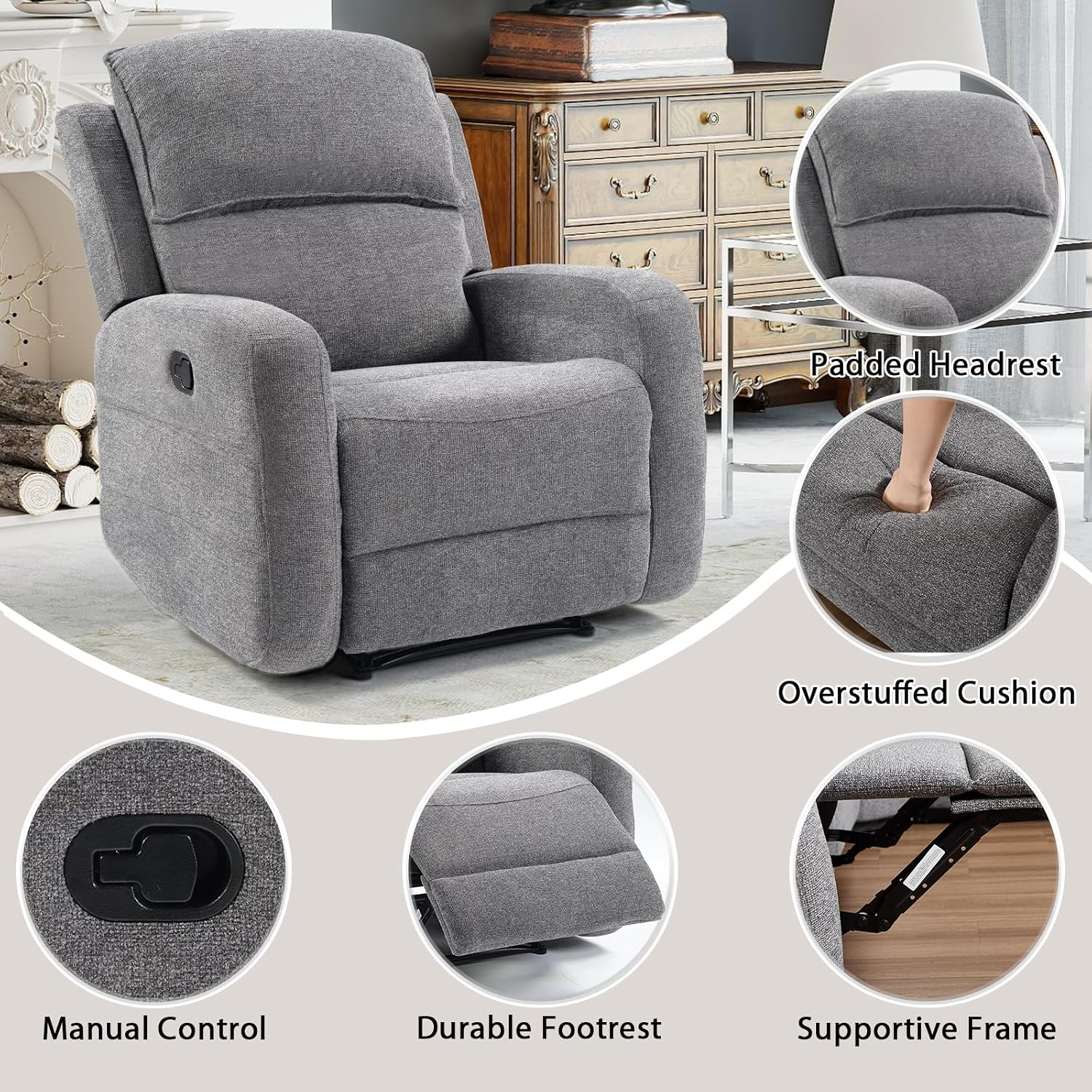 EBELLO Manual Living Room Furniture Reclining Couch Set, Soft Fabric Recliner Chair and Loveseat Sofa Couch for Meeting Room, Overstuffed Backrest(Recliner+Loveseat)