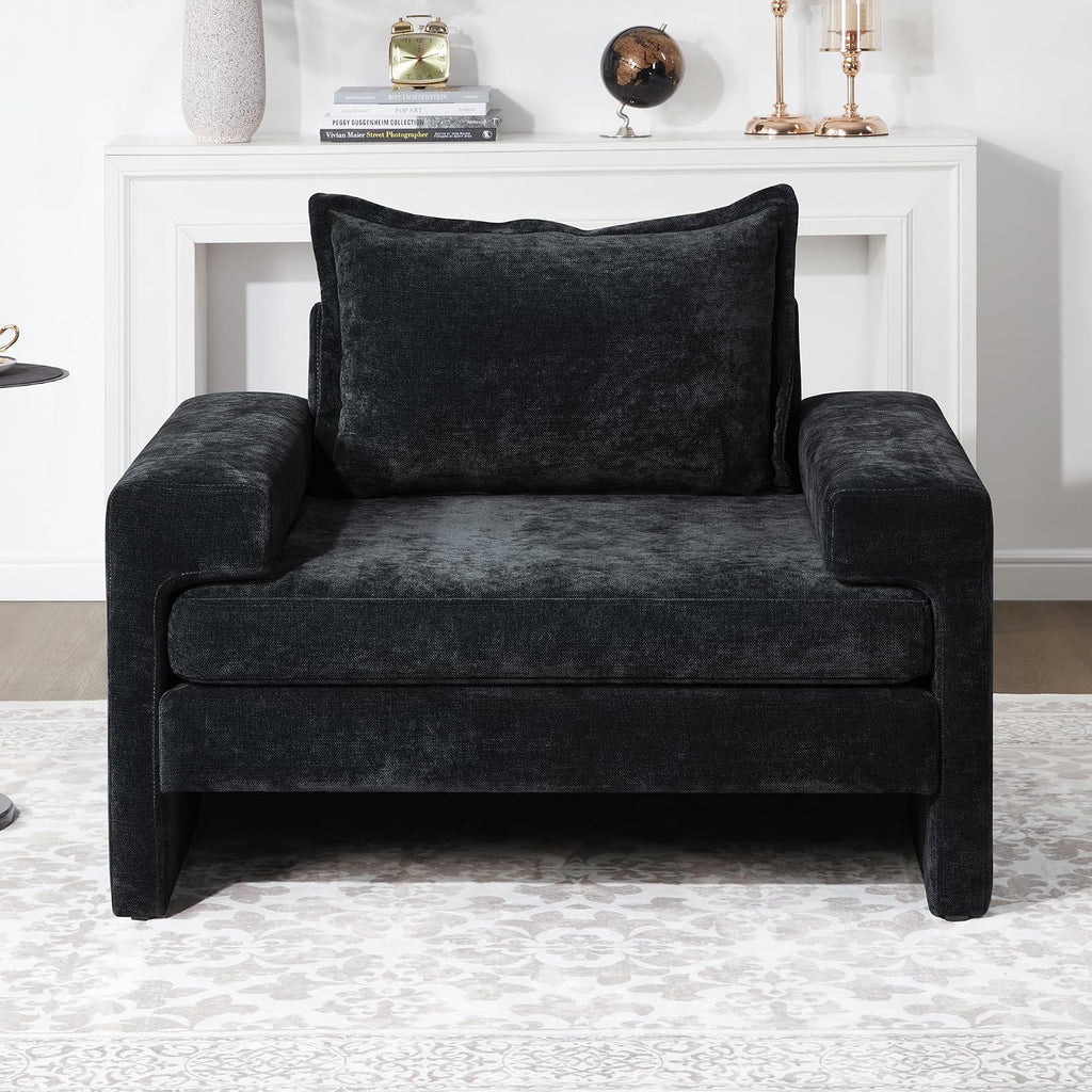 Christopher Knight Home Aylen Modern Chenille Upholstered Accent Chair with Wide Armrests, Wooden Living Room Club Chair, Bedroom Comfy Reading Chair with Back Pillow, Black