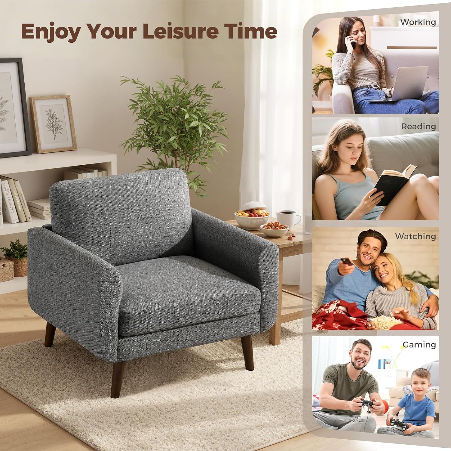 Oversized Accent Chair for Living Room, 37' Mid-Century Modern Comfy Reading Chair, Linen Fabric Solid Wood Frame Armchair, Upholstered Grey Bedroom Accent Chairs Set of 2 for Adults