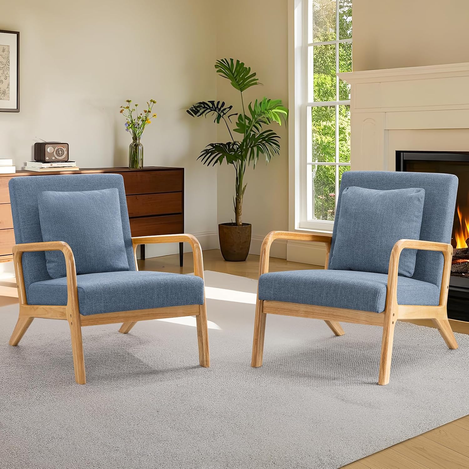 ELUCHANG Mid-Century Modern Accent Chair with Lumbar Pillow,Upholstered Armchair,Linen Fabric Comfy Reading Chair, Lounge Side Chair for Living Room Bedroom Apartment,Easy Assembly(Blue,2pcs)