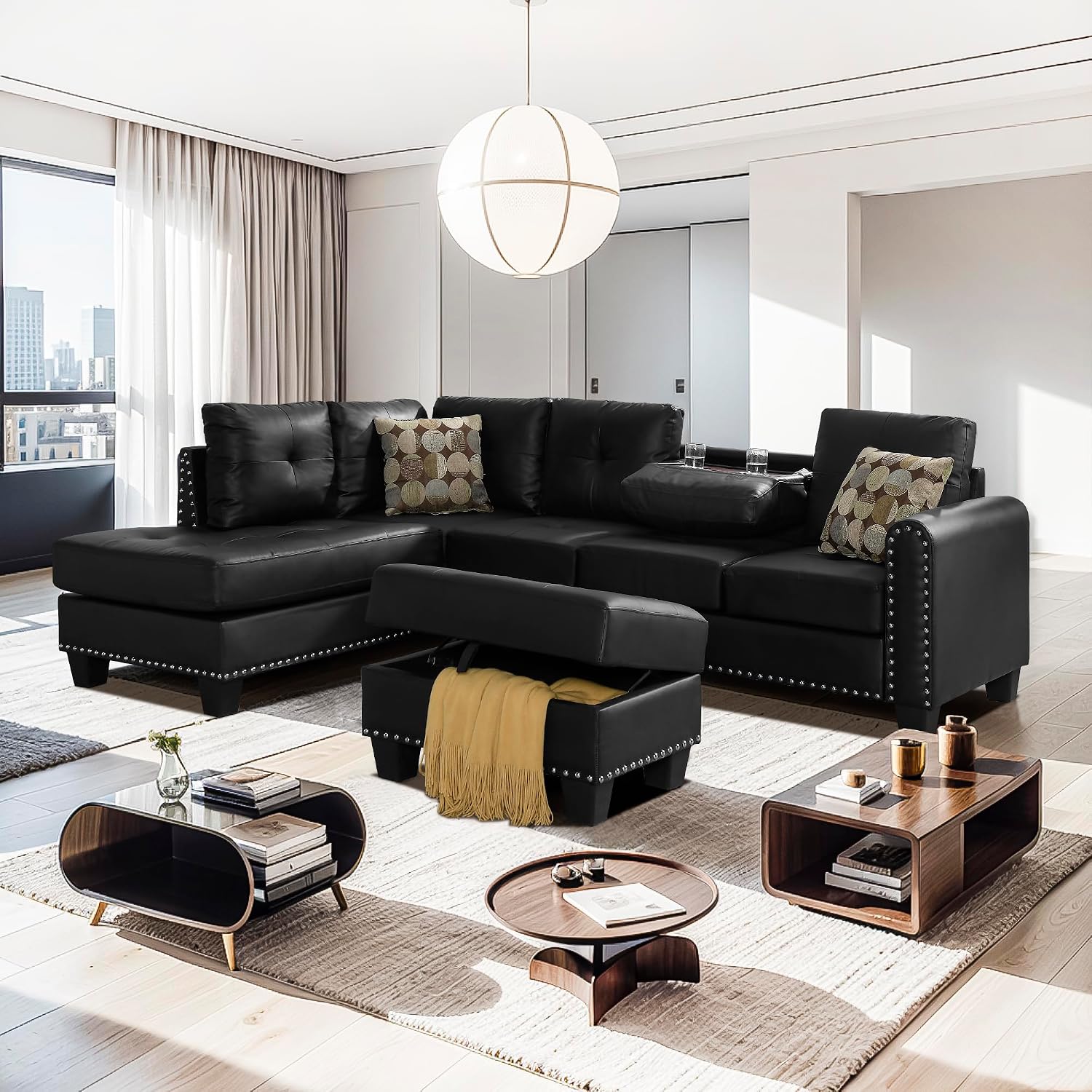 3-Piece Sectional Couch Set L Shape 98' Wide Sofa for Living Room with 2 Cup Holders and Storage Ottoman for Home Furniture Room Decor, Black