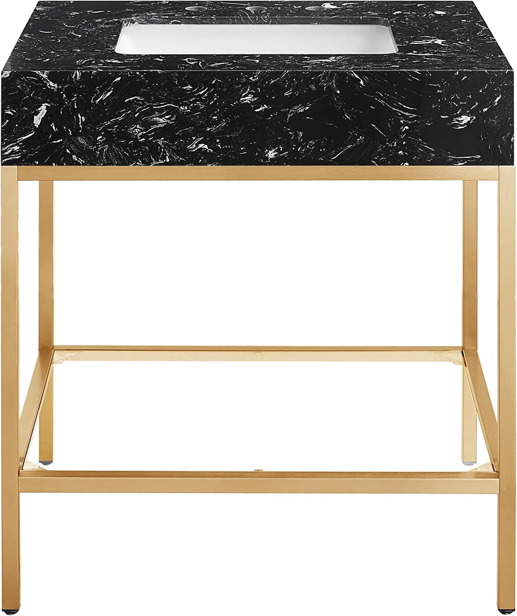 Meridian Furniture 406Black-30 Marmo Collection Modern | Contemporary Bathroom Vanity, Engineered Stone with White Veining, Brushed Brass Stainless Steel Base, 30' W x 23' D x 34' H, White