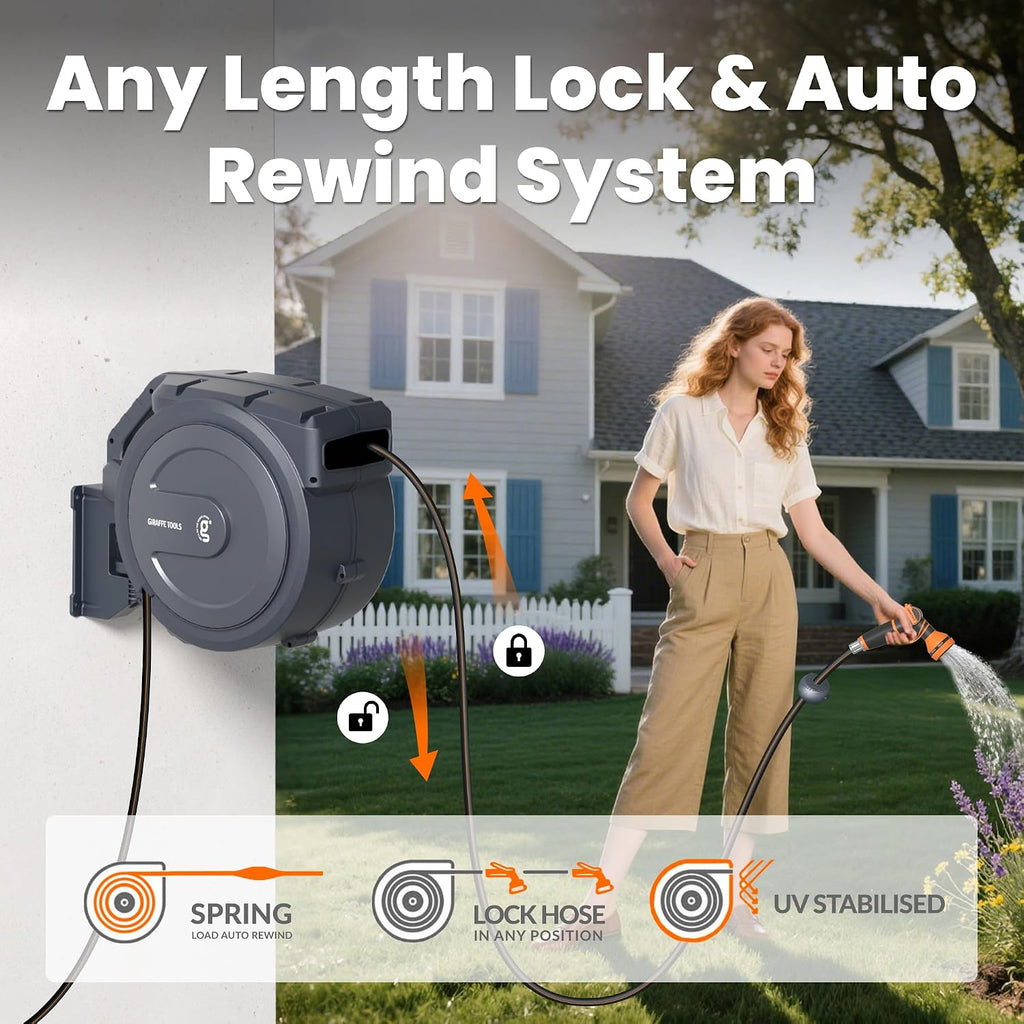 Giraffe Tools AW30 Wall Mounted 1/2' x 100 ft Garden Hose Reel, Retractable Water Hose Reel, Automatic Rewind & Lock at Any Length