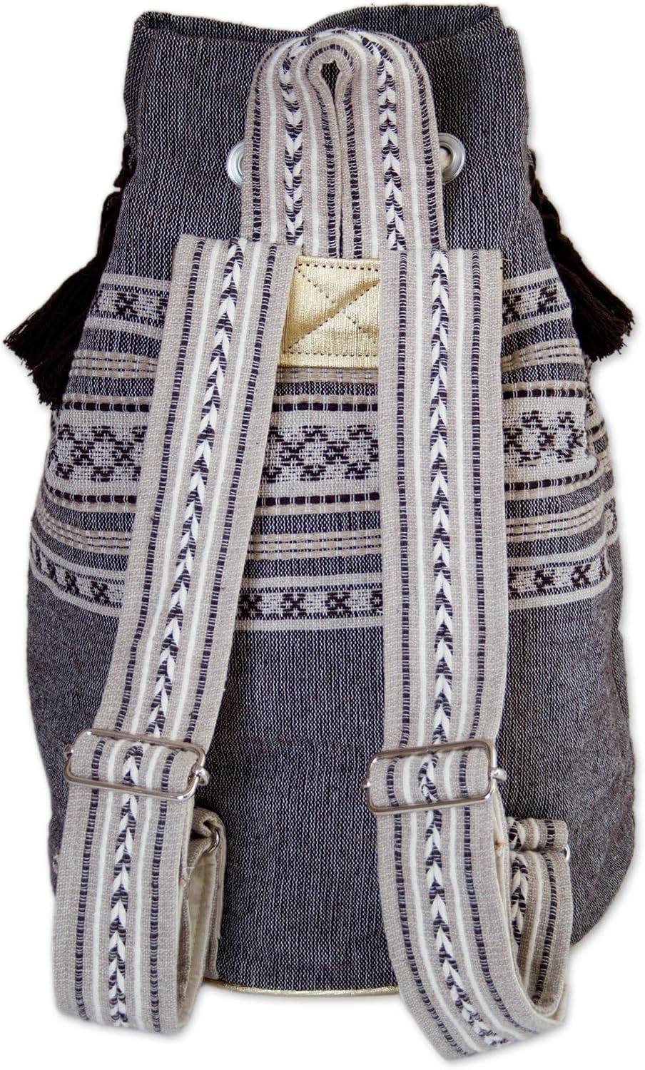 NOVICA Artisan Handcrafted Cotton Backpack Striped Drawstring Mexico Handbags Grey Sharkskin Backpacks Woven ' Day Trip Fringe'