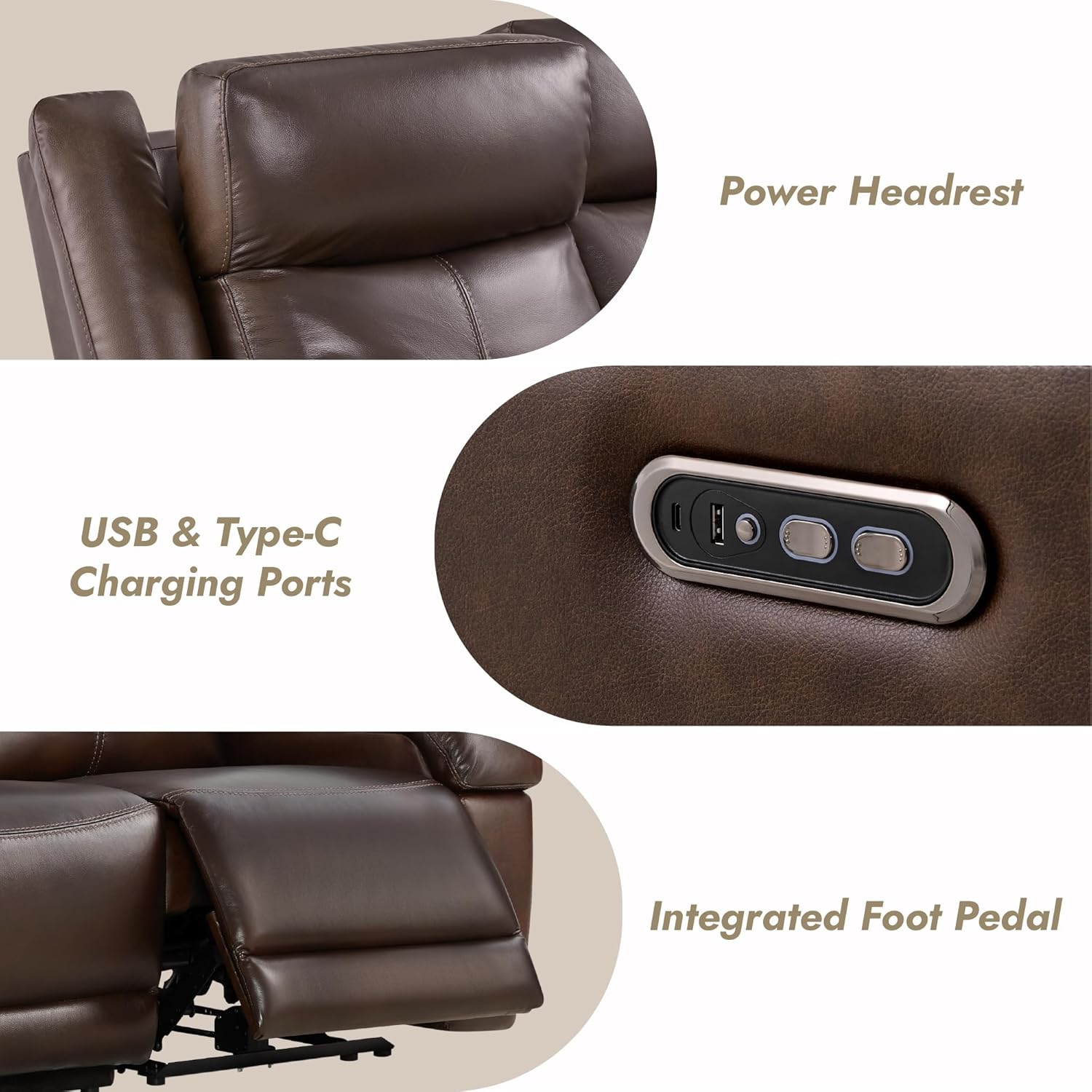 Watson & Whitely Genuine Leather Power Recliner Sofa, 3 Seater Wall Hugger Reclining Sofas with Power Headrest, USB & TypeC Ports, Electric Recliner Couch Set for Living Room, Dark Brown