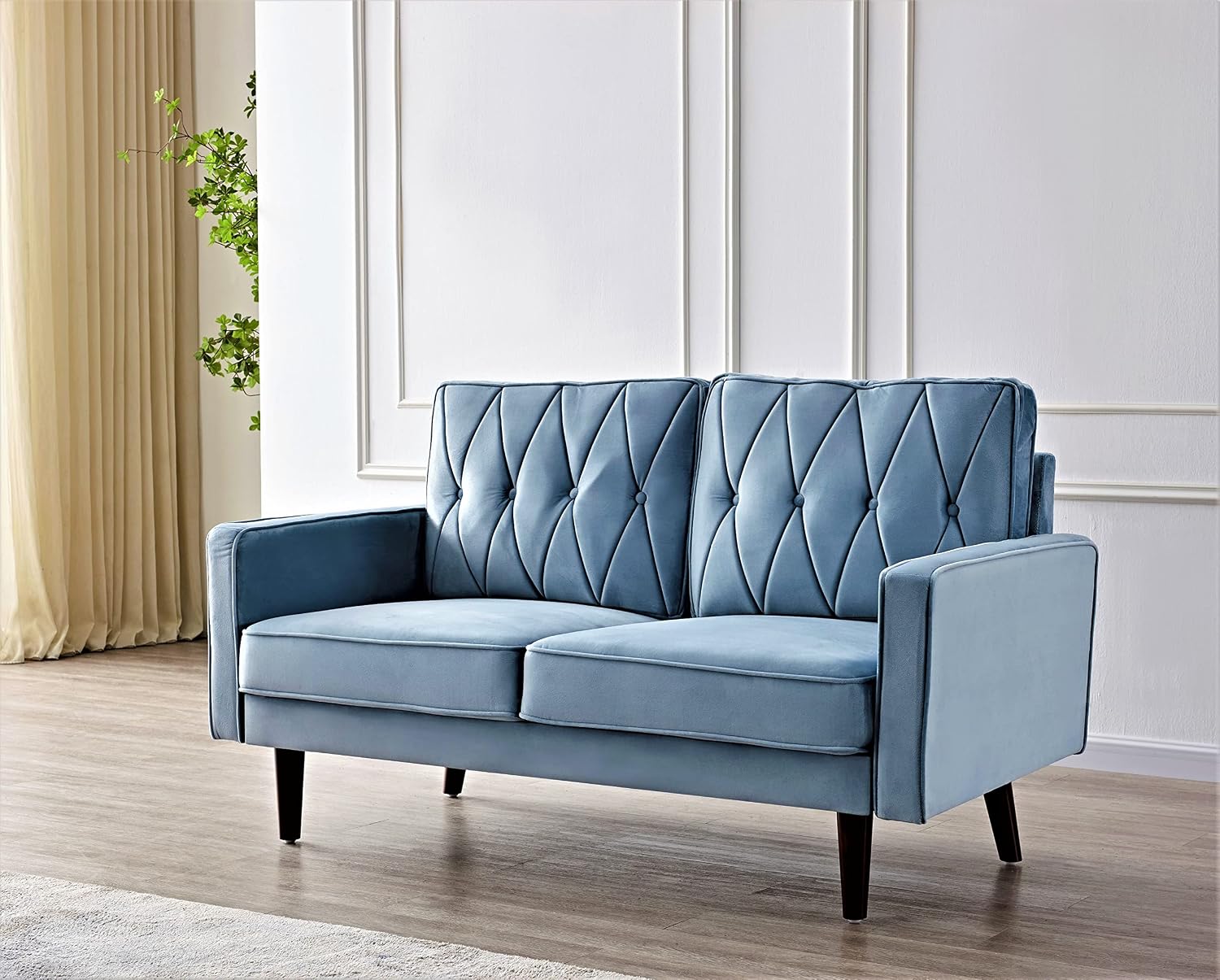 Container Furniture Modern Style Tufted Velvet Couches for Living Room with Soft Fabric Upholstery and Solid Wood Frame, 2 Piece Sofa and Loveseat Set, Light Grayish Cyan