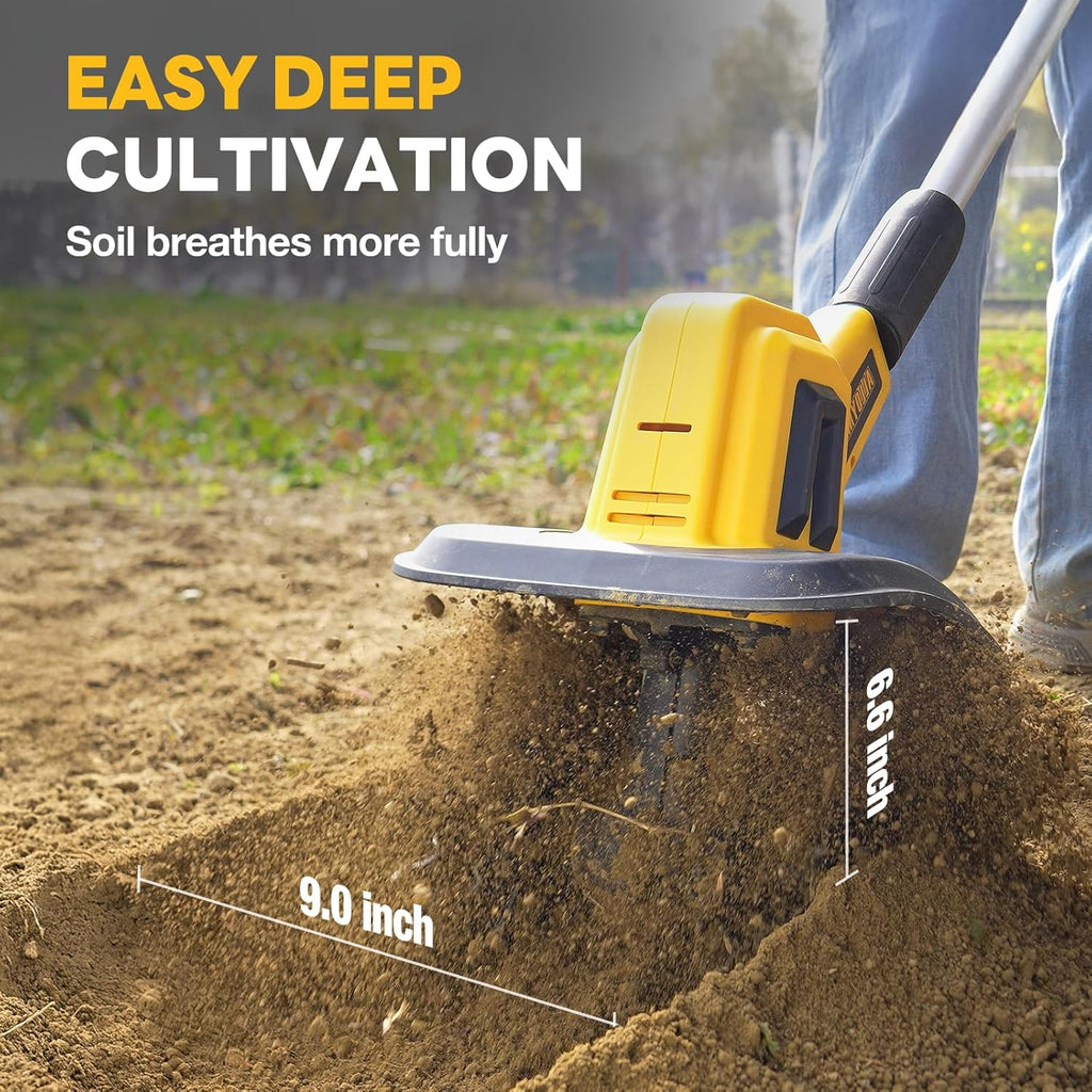 Alloyman 20V Cordless Tiller Cultivator, 360RPM Electric Garden Tiller, with 2 * 4.0Ah Batteries & Charger, 9In Tilling Width and 6.6In Depth Garden Rototiller for Lawn/Gardening/Soil Cultivation