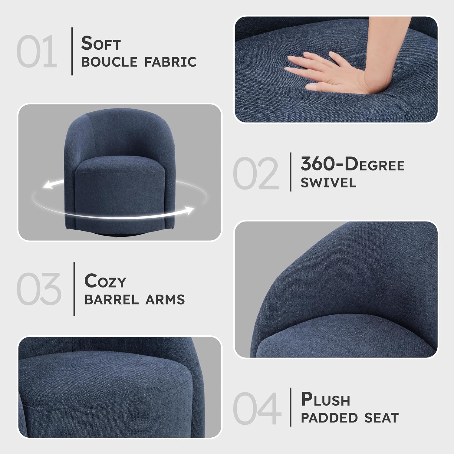 Lexicon 360 Degree Swivel Accent Chair, Boucle Fabric Arm Chair with Metal Swivel Base and Sloped Arms for Living Room/Bedroom/Office, Blue