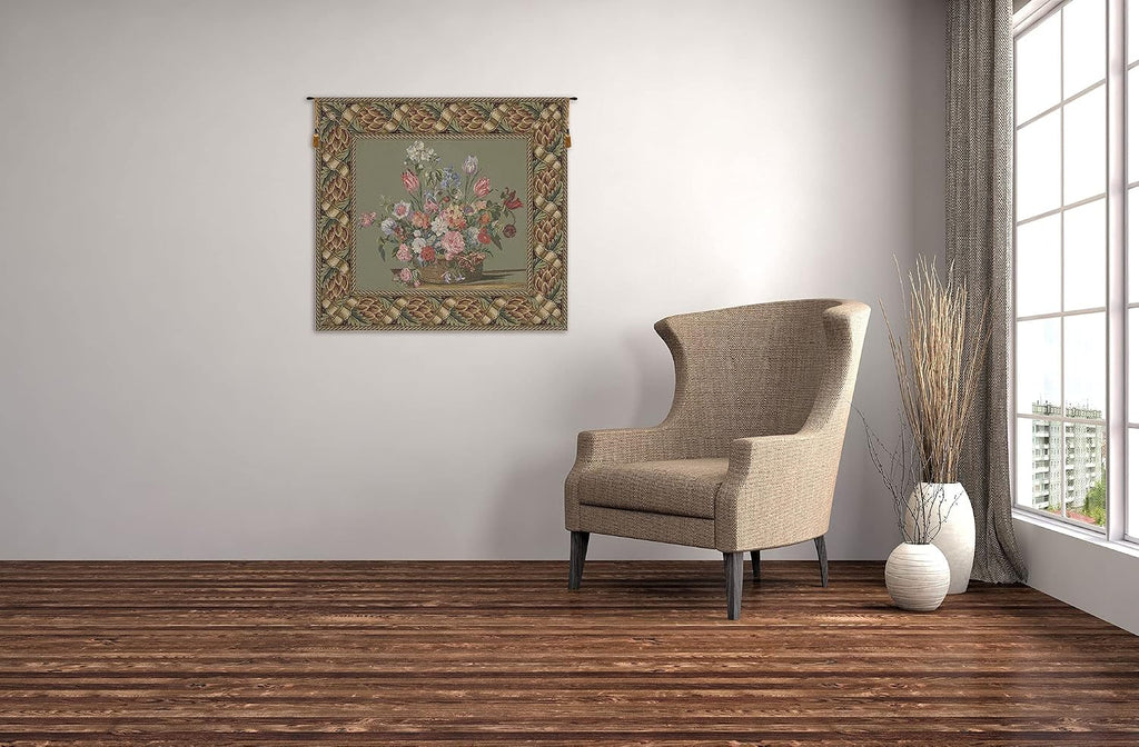 C Charlotte Home Furnishings Inc Flower Basket Green European Tapestry Wall Hanging | Viscose Cotton and Polyester Blend Wall Art | 32 in. x 34 in | Home Decor Accents | Inspired by Famous