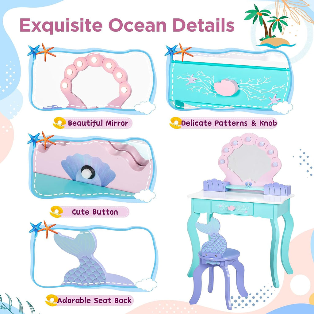 Vanity Set with Lights & Mirror, 2 in 1 Wooden Princess Dressing Table with Stool, Ocean Theme Makeup Table and Chair Set, Little Girls Pretend Play Set, Kids Vanity for Birthday