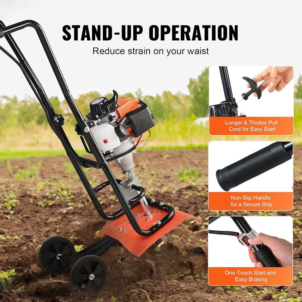 VEVOR Tiller Cultivator, 31CC 4-Stroke Garden Cultivator, Tiller with 4 Steel Adjustable Front Tines for Lawn, Garden and Field Soil Cultivation, Orange