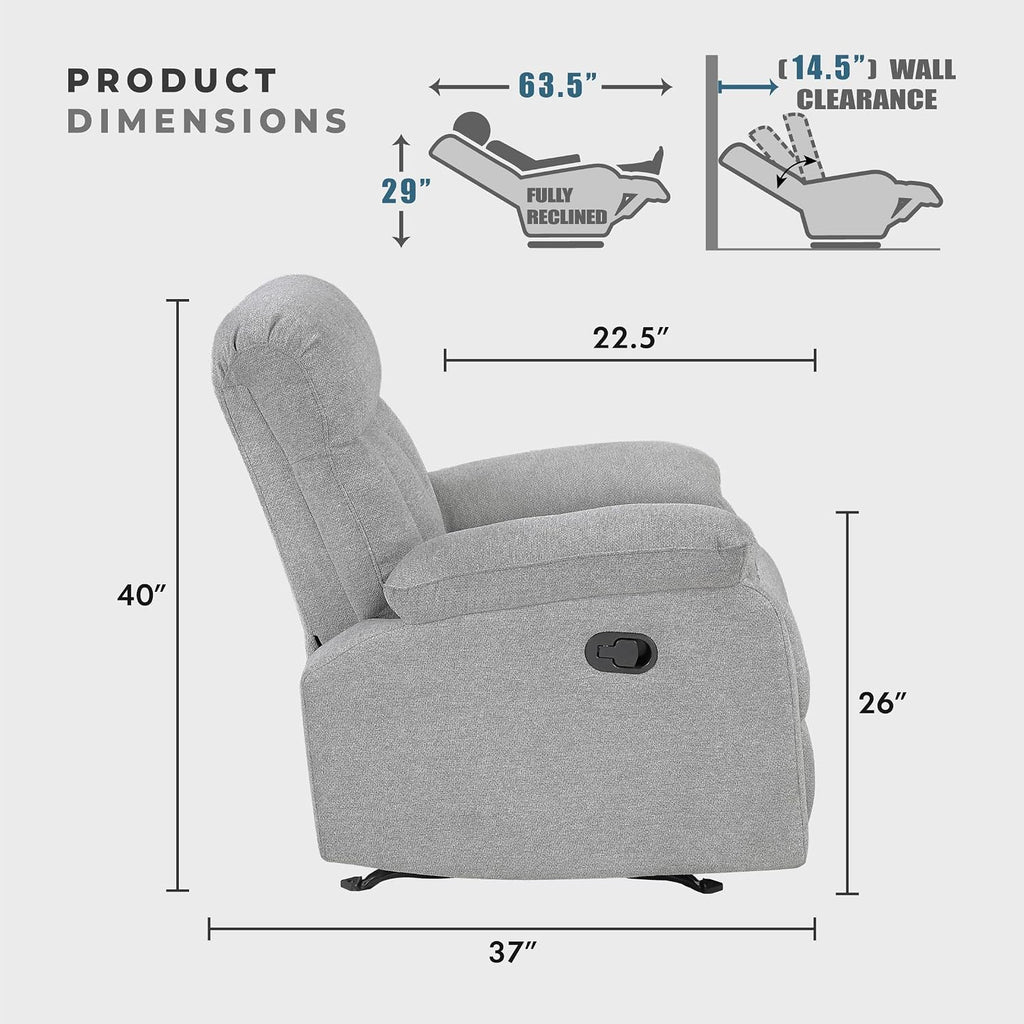 Lexicon Manual Rocker Recliner Chair for Living Room, Chenille Fabric Upholstered Rocking Reclining Chair, Home Theater Seating, Easy Assembly, Recliner, Gray