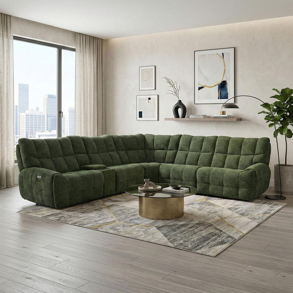 Furniture of America Tavie Modern Reclining Sofa with Storage Console and Cup Holders, Sectional Recliner, L Shaped Couch for Living Room, Home Theater, Playroom, Jade Green