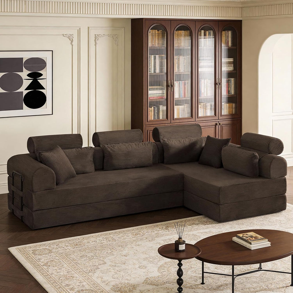 KEIKI 6-in-1 Folding Convertible High Back Sofa Sleeper, 106' Oversized Modular Sectional Corduroy Upholstered L Shape Couches for Living Room, Ergonomic Support for Loft Living Space, Brown