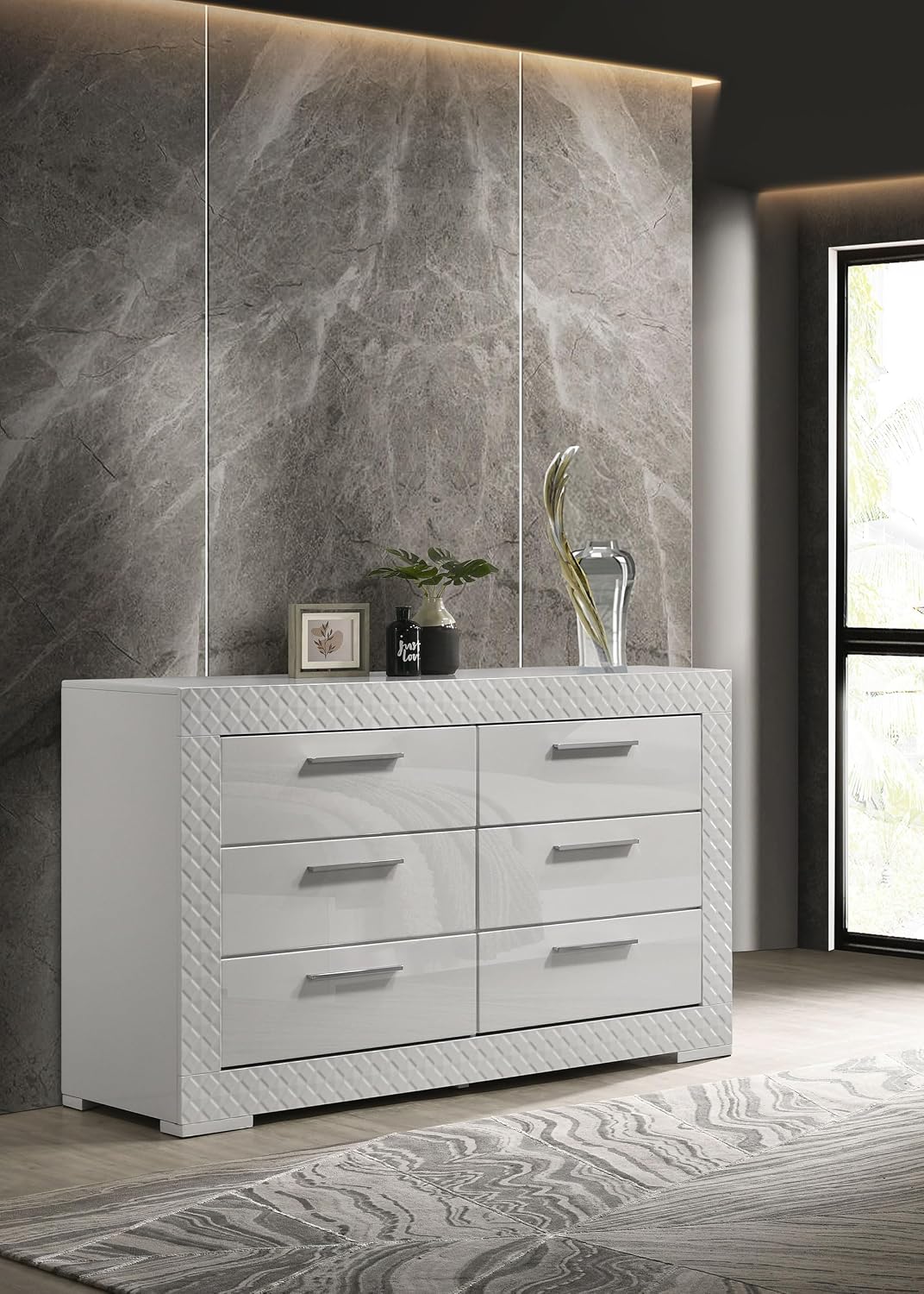 Coaster Home Furnishings - Ives - Wood - 6-Drawer Dresser with Contemporary Style, Tile Emboss, Felt-Lined Top, Metal Handles, Metal Extension Glides - Bedroom - White High Gloss - 224943