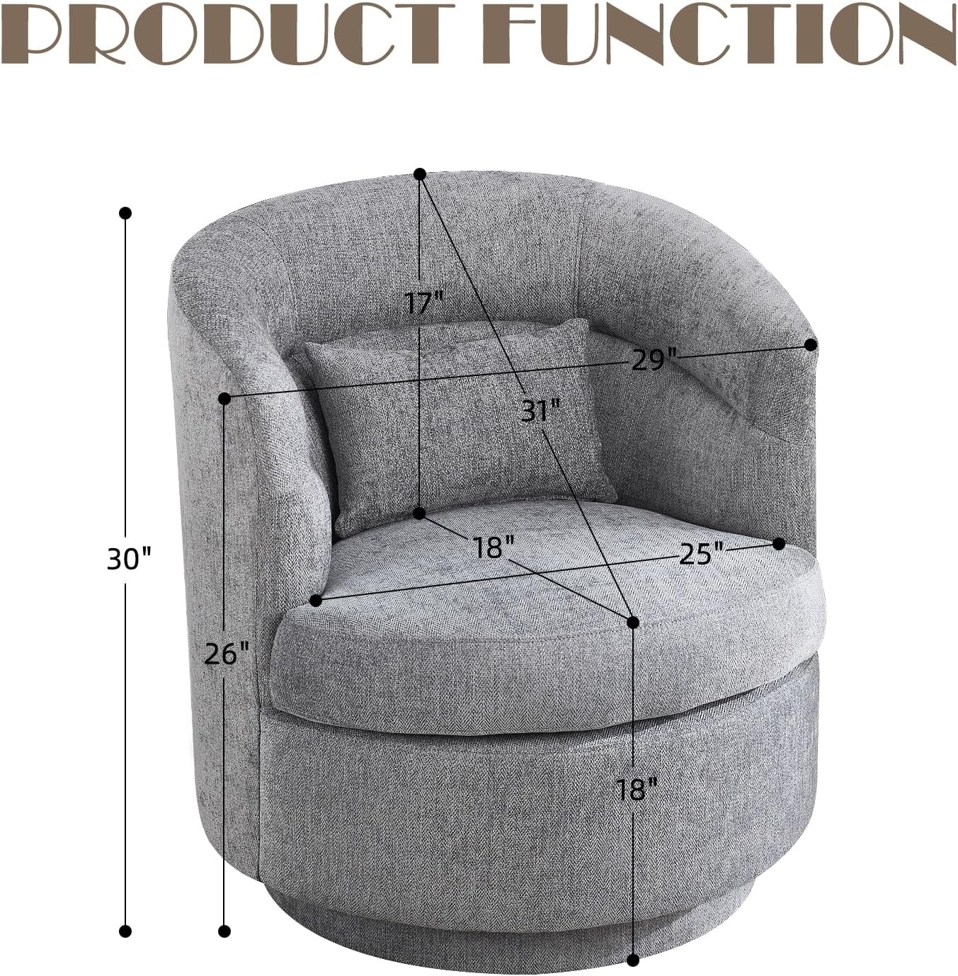 CANMOV Swivel Accent Chair, 360 Degree Round Swivel Barrel Chair with Pillow, Upholstered Comfy Barrel Armchair Single Club Sofa Chair for Living Room,Bedroom, Reading Room, Dark Grey